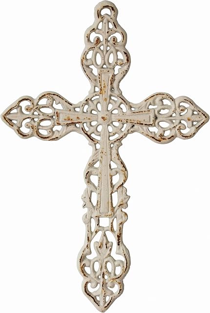 Stonebriar SB-5793A Decorative Distressed Cast Iron Wall Cross with Hanging Loop, 13 Inch, Worn White