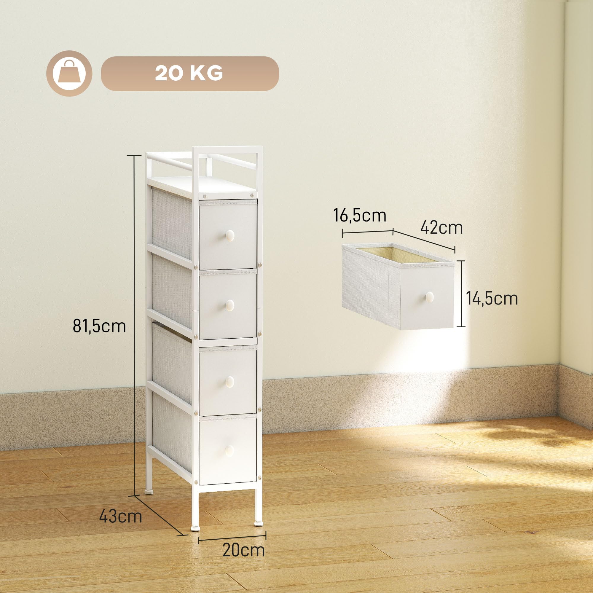 HOMCOM Cómoda con 4 Cajones de Tela, Cómoda para Dormitorio Estrecha con Marco de Acero, Cajonera para Espacios Pequeños, Sala de Estar, Vestidor, Baño, Blanco