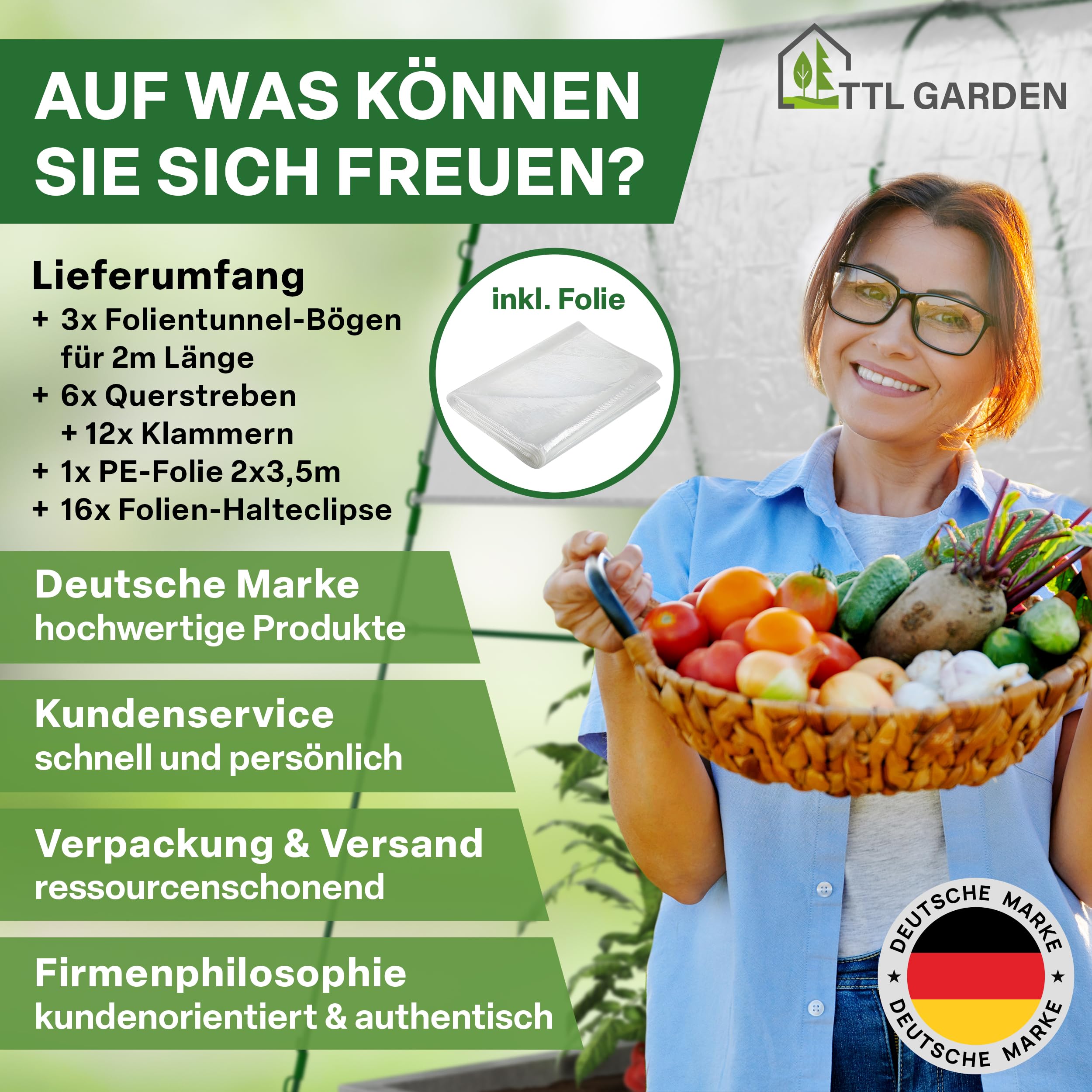 TTL GARDEN Peak L 200 Folientunnel & Tunnelbogen - Pflanztunnel mit Folie, Beetabdeckung für große Pflanzen 2m hoch, 1,20m breit, 2m lang, Folien Tunnel Bögen System, Stahl rostfrei Tomaten Bohnen