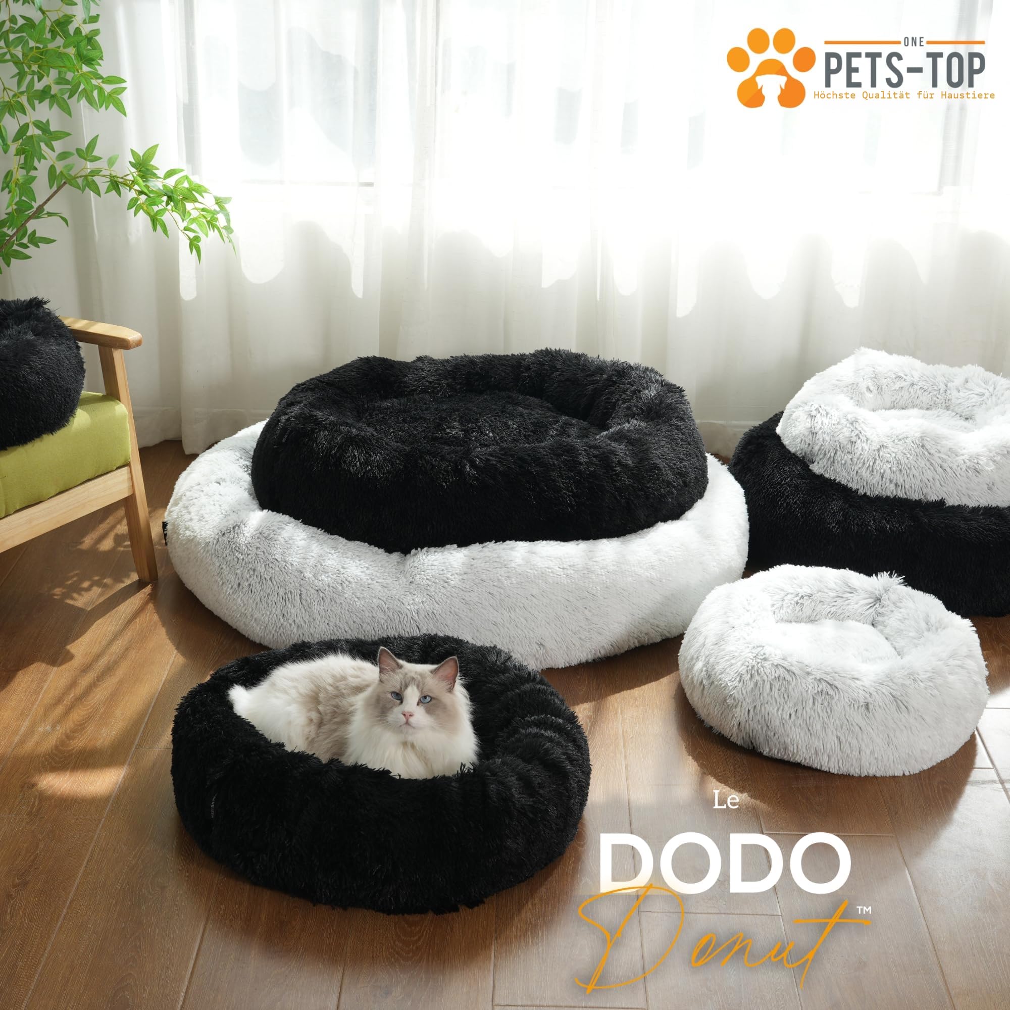 One PETS-TOP® Hundekörbchen Waschbar Fluffy – Donut Hundebett Flauschig mit Abnehmbarem Bezug – Hundebett Rund für Kleine & Große Hunde – Hundekissen Waschbar Anti-Stress – 115 cm Schwarz