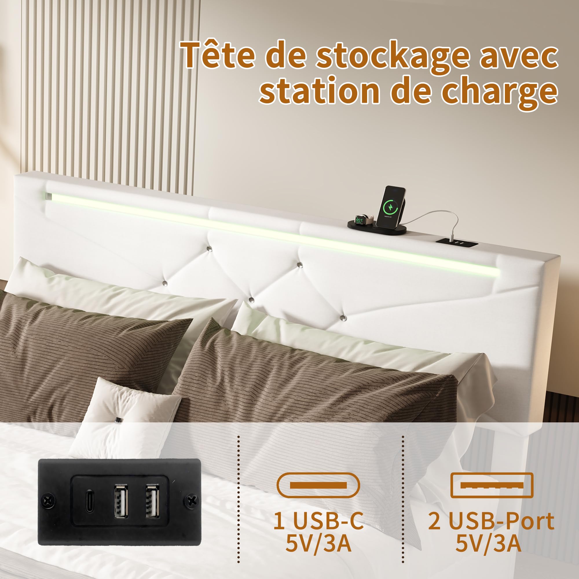 Letto matrimoniale contenitore, 160x200 cm, Letto Baule LED e Porte USB, testiera regolabile, Letto imbottito con contenitore idraulico, Struttura letto con rete a doghe, Lino (Beige/3, 160x200 cm)