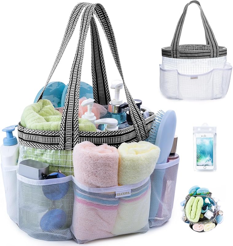 Necessaire organizadora para banho ELCUPA com 6 bolsos, compartimento central, base removível e porta-celular impermeável
