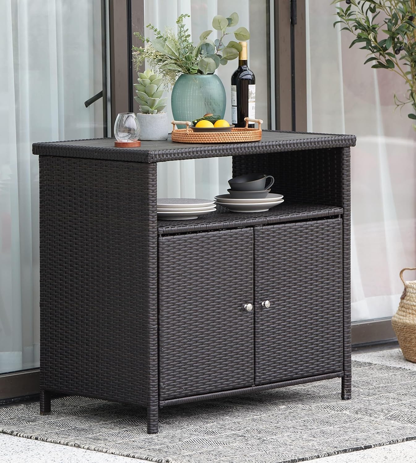 Grand patio Gartenschrank, Küchenschrank Rattan, Terrassenschrank, 90x 85 x 50 cm, mit Doppeltüren, Gartenschrank Rattan für Garten, Terrasse, Wohnzimmer, Kaffeebraun