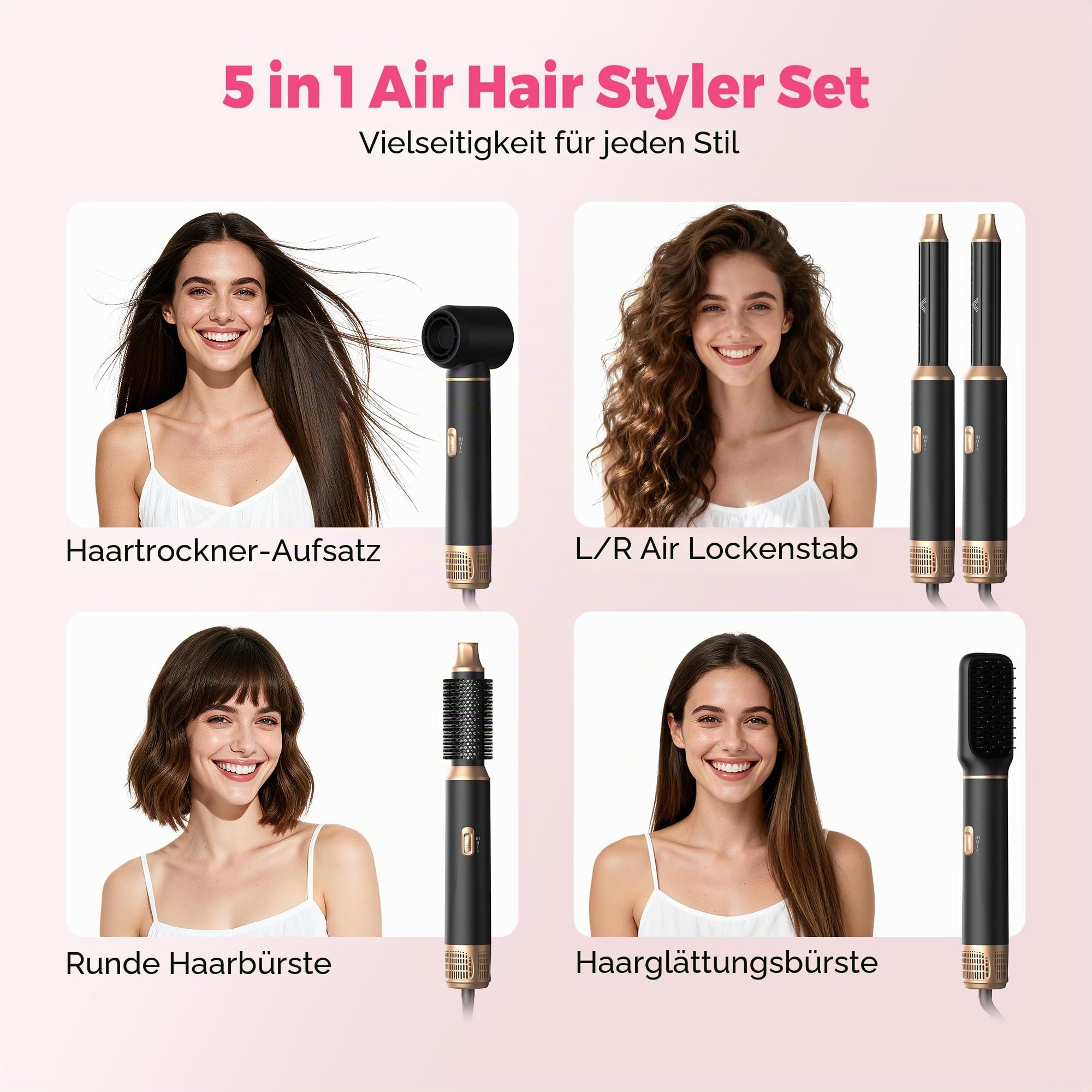 Atopskins 5 in 1 Hairstyler mit Lockenstab mit Luft Links/Rechts, 1000W Airstyler Hair Styler Set mit Föhn für Locken, Rundbürstenföhn, Haarstyler, Warmluftbürste, Airbrush, Glättbürste, Schwarz-gold