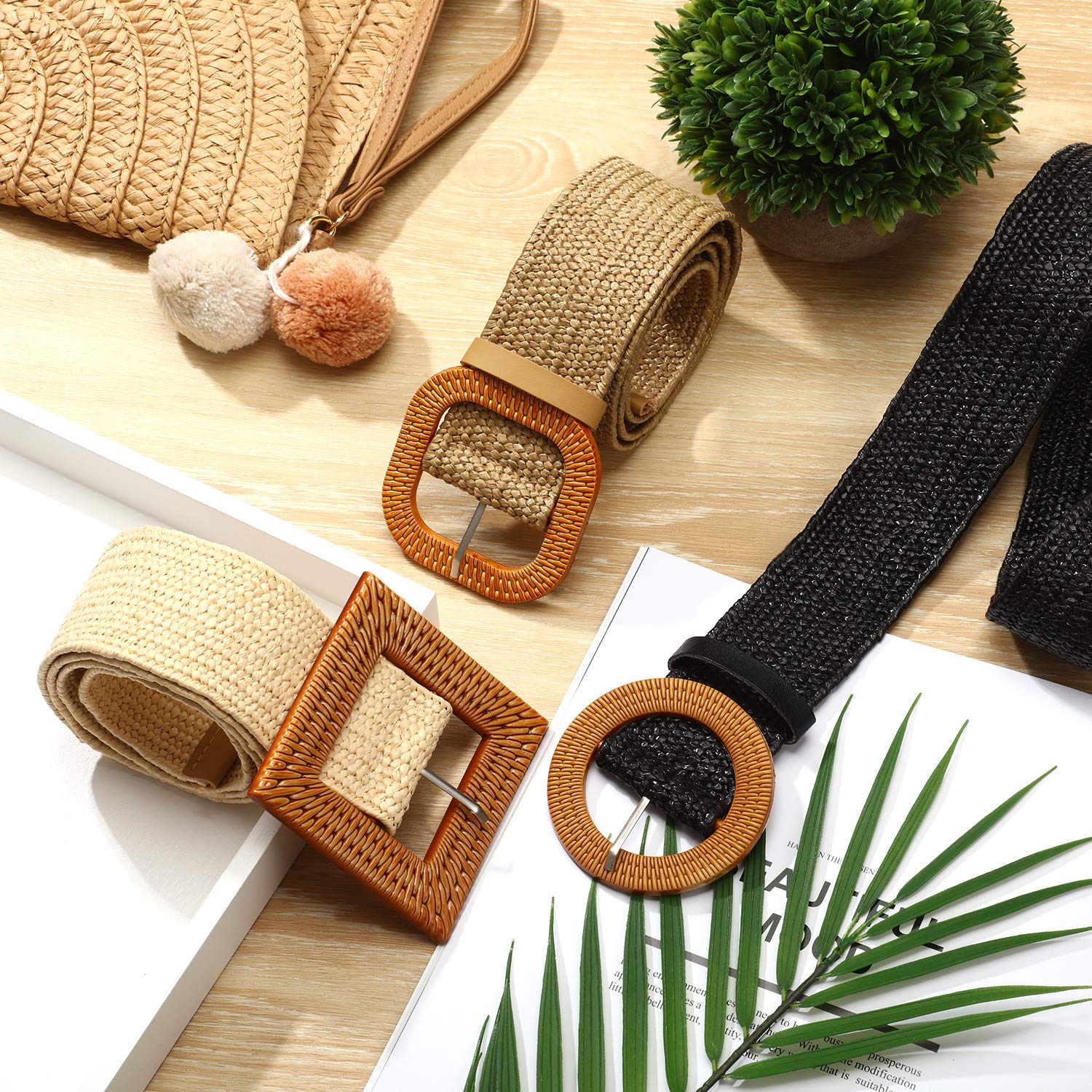 Cinturón elástico tejido de paja de 3 piezas para mujer, cinturón trenzado de vestido bohemio, Negro, caqui, beige 3