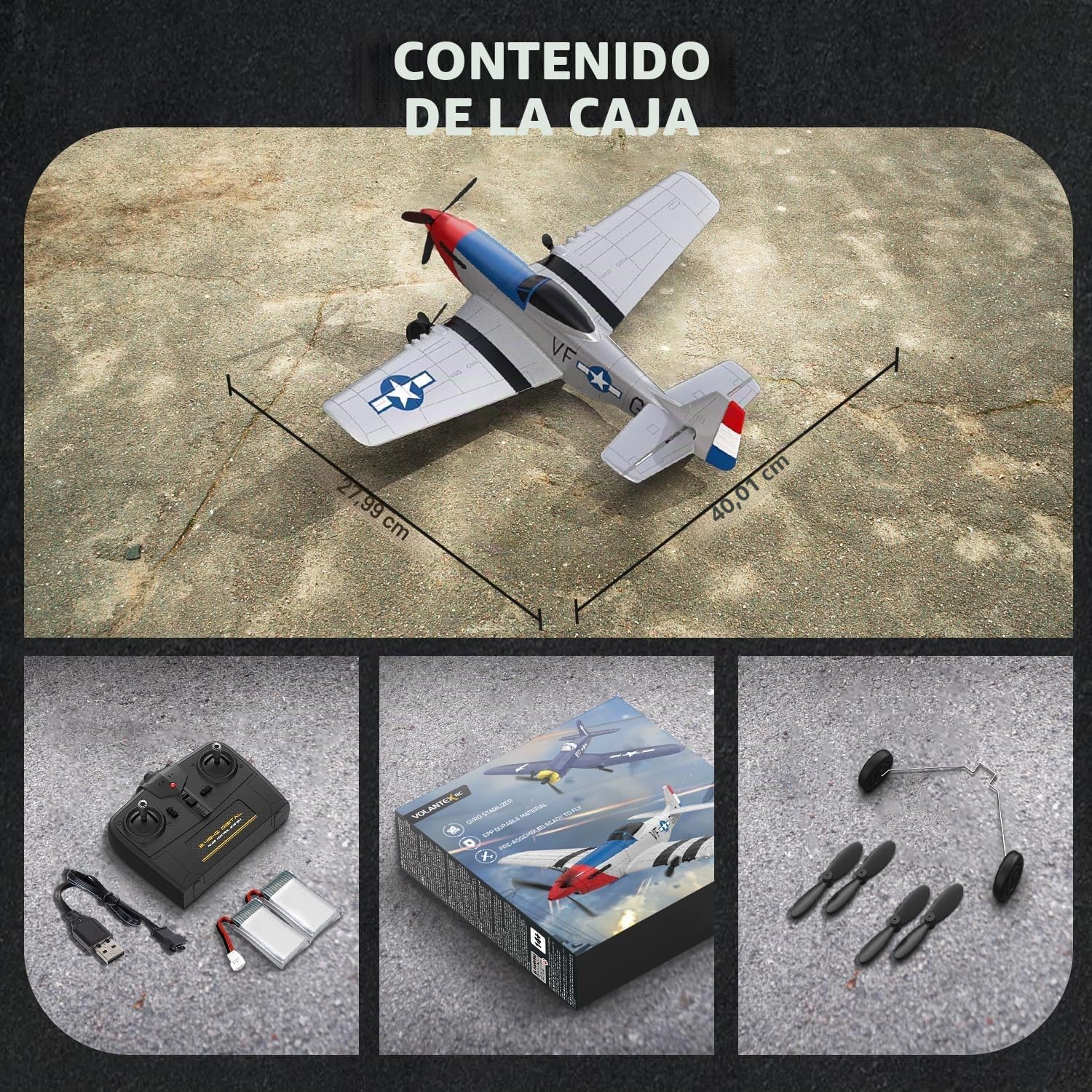 volantexrc P51D Mustang 3 Canales Avión Controlado por Radio RTF con 2 Baterías 3CH RC Plane RTF RC Juguete Planeador para Principiantes, Niños, Adultos