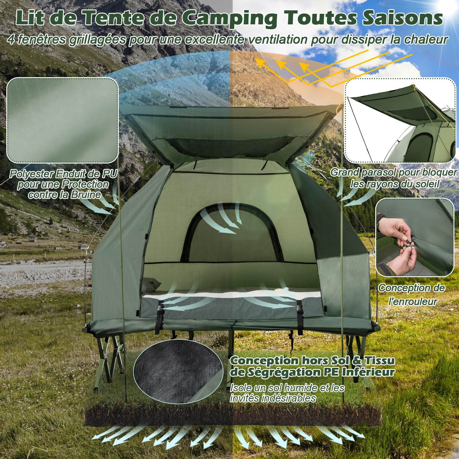 Tente De Camping Surélevée Avec Lit Pour 1 Personne, Lit De Camping Impermeable Pliant 5 En 1