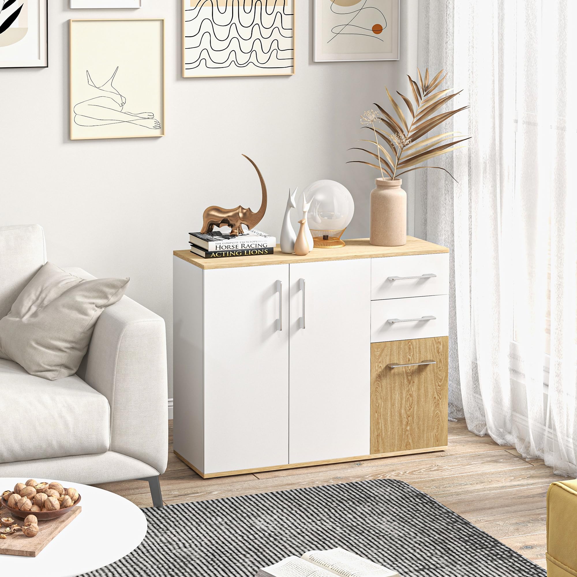 HOMCOM Aparador de Salón Moderno Aparador de Cocina con 2 Cajones 2 Armarios y Estantes Ajustables para Dormitorio Comedor Recibidor 90x30x75,5 cm Blanco y Natural