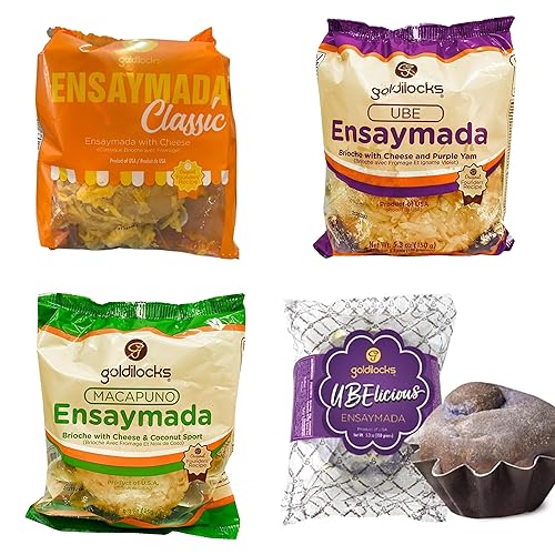 Paquete de 4 Ricitos de Oro Ensaymada Regular, Macapuno, Ube y Ubelicious (Brioche Avec Fromage)