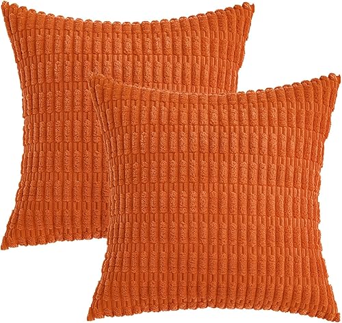 Miniatura 6 de MIULEE Paquete de 2 fundas de almohada decorativas color naranja de 20 x 20 pulgadas, fundas de almohada de pana a rayas bohemias modernas para