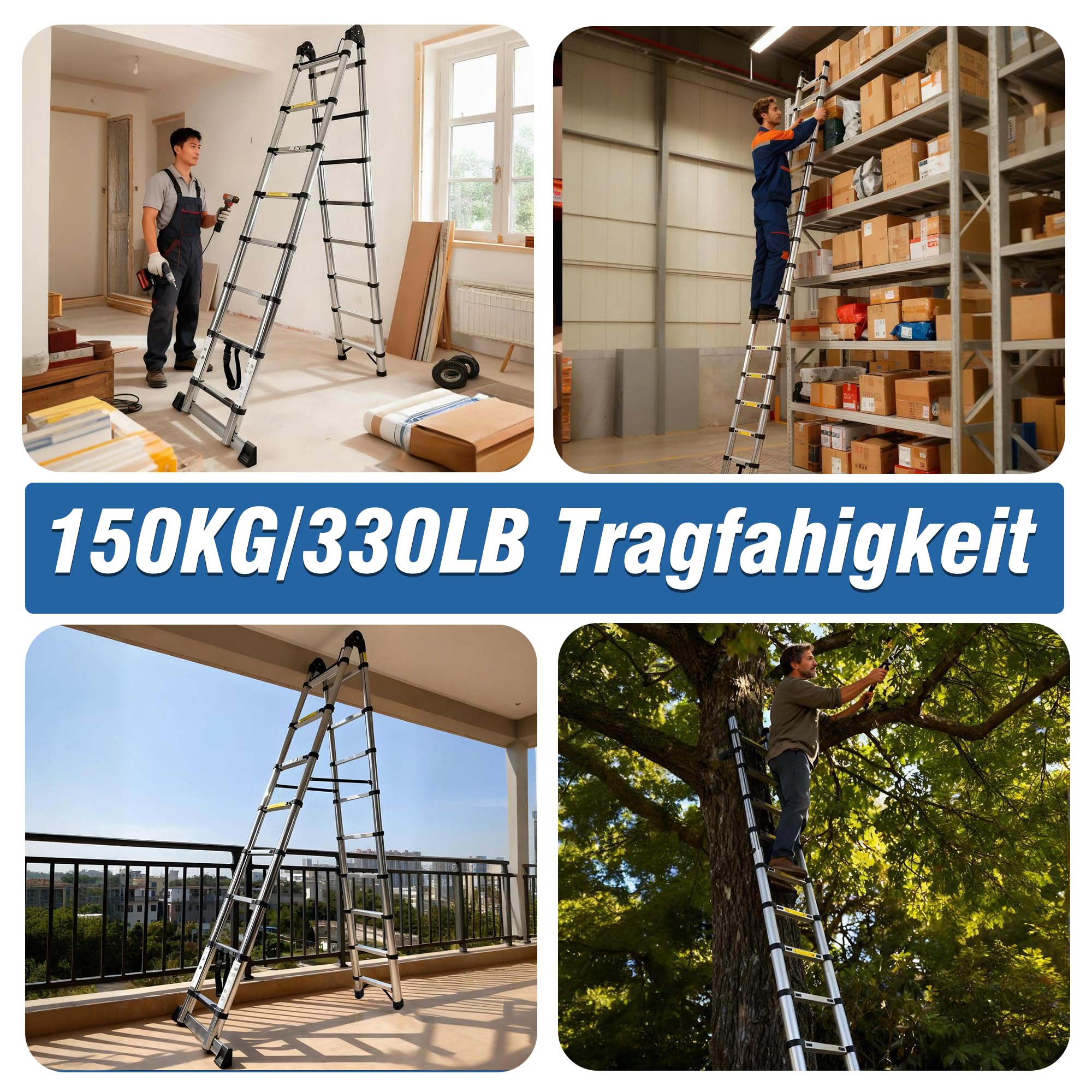 Brsheco Escalera telescópica plegable de acero inoxidable, 5 m (2,5 + 2,5 m), escalera extensible 2 en 1, con estabilizador, gran aplicación, escalera plegable, escalera de pie, 150 kg, color plateado