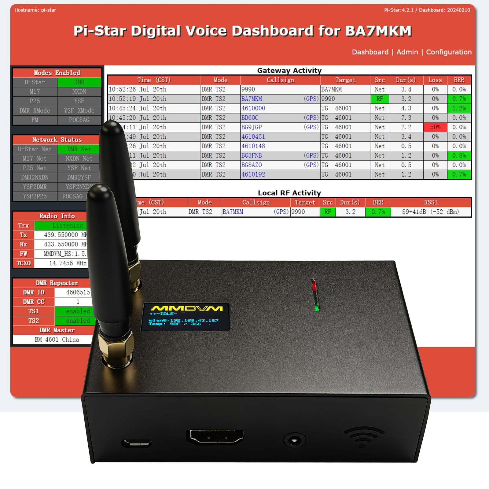 Duplex MMDVM Hotspot Module Dual Hat V1.5.2 con display OLED WiFi & Ethernet WLAN Port Aluminum Shell Supports DMR D-Star YSF P25 NXDN Dual Time Slots with Raspberry Pi 3B