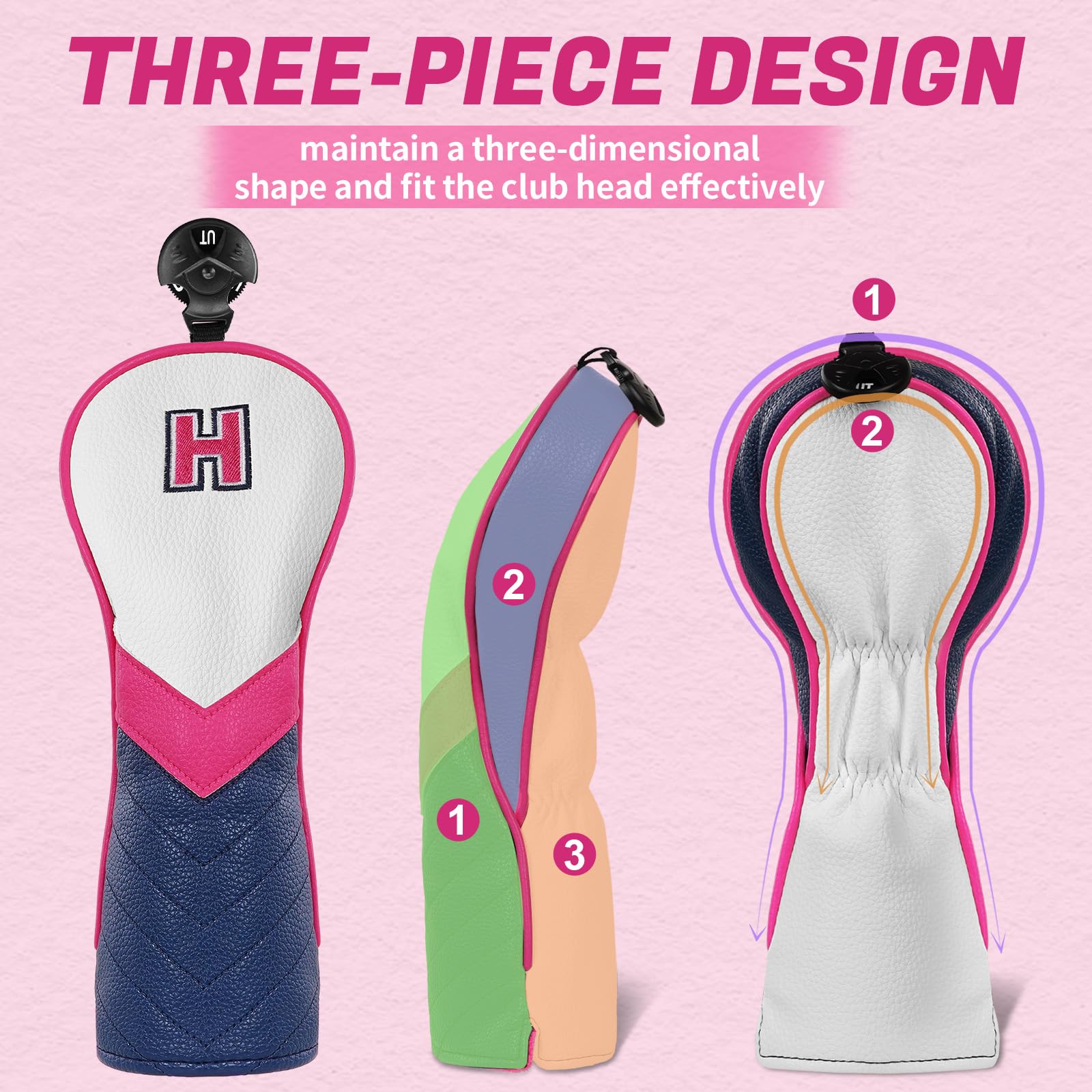 Golfschlägerhauben aus Holz für Fahrer/Fairway/Hybrid/1FH Weiß, Rosa, Blau, PU-Leder