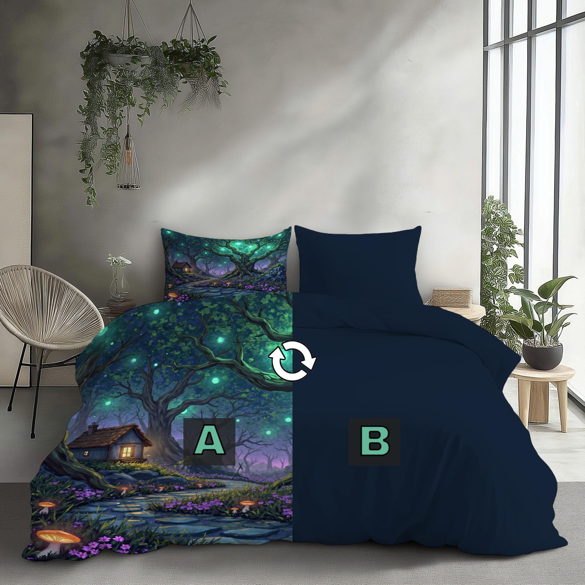 Bettwäsche 155x220cm Hütte Bäume 3 Teilig Wendebettwäsche Set | Märchen Wald Microfaser Deckenbezug, Grün Lila Bettbezug mit Reißverschluss und 2 Kopfkissenbezug 80 x 80 cm