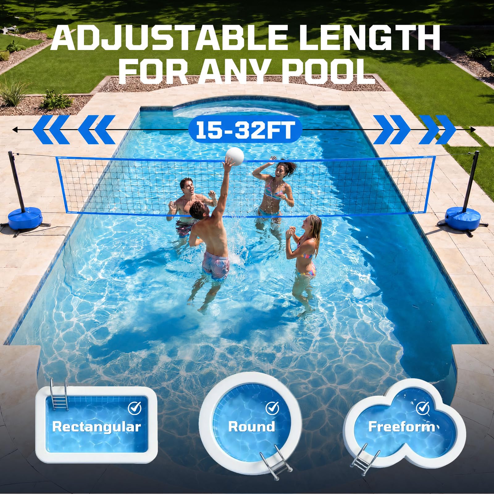Haokelball Rete da pallavolo da piscina con luce, set da pallavolo da 4,5 a 9,5 m, lunghezza regolabile, rete da pallavolo per piscina con base ponderata, 2 palline da pallavolo Glow e pompa per