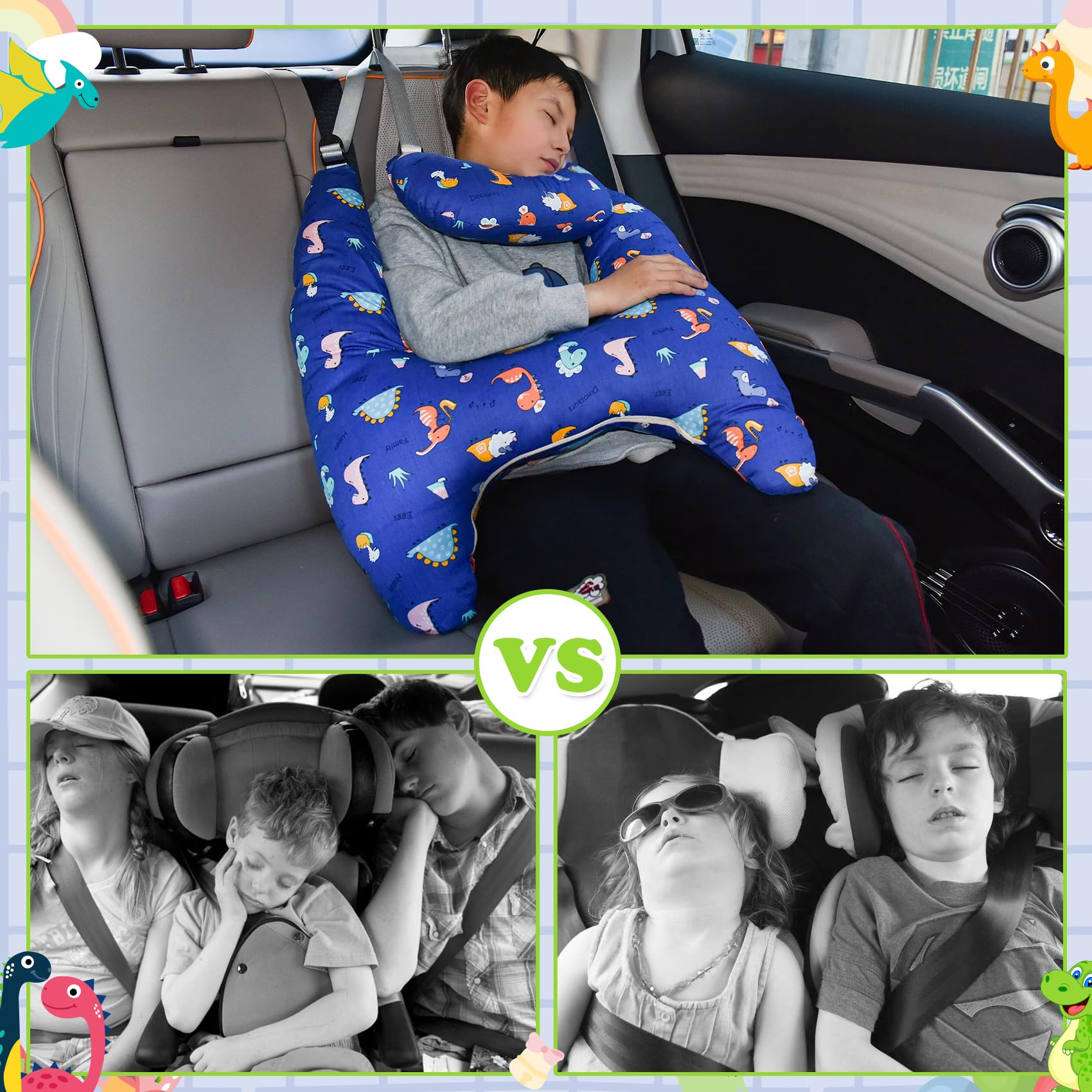 Coussin de Voyage pour Enfant Voiture, Oreiller Voiture Enfant H, Coussin Voiture Enfants Dormir, Lavable, Réglable Et Respirant, pour Les Longs Trajets En Voiture (Dinosaure-3)
