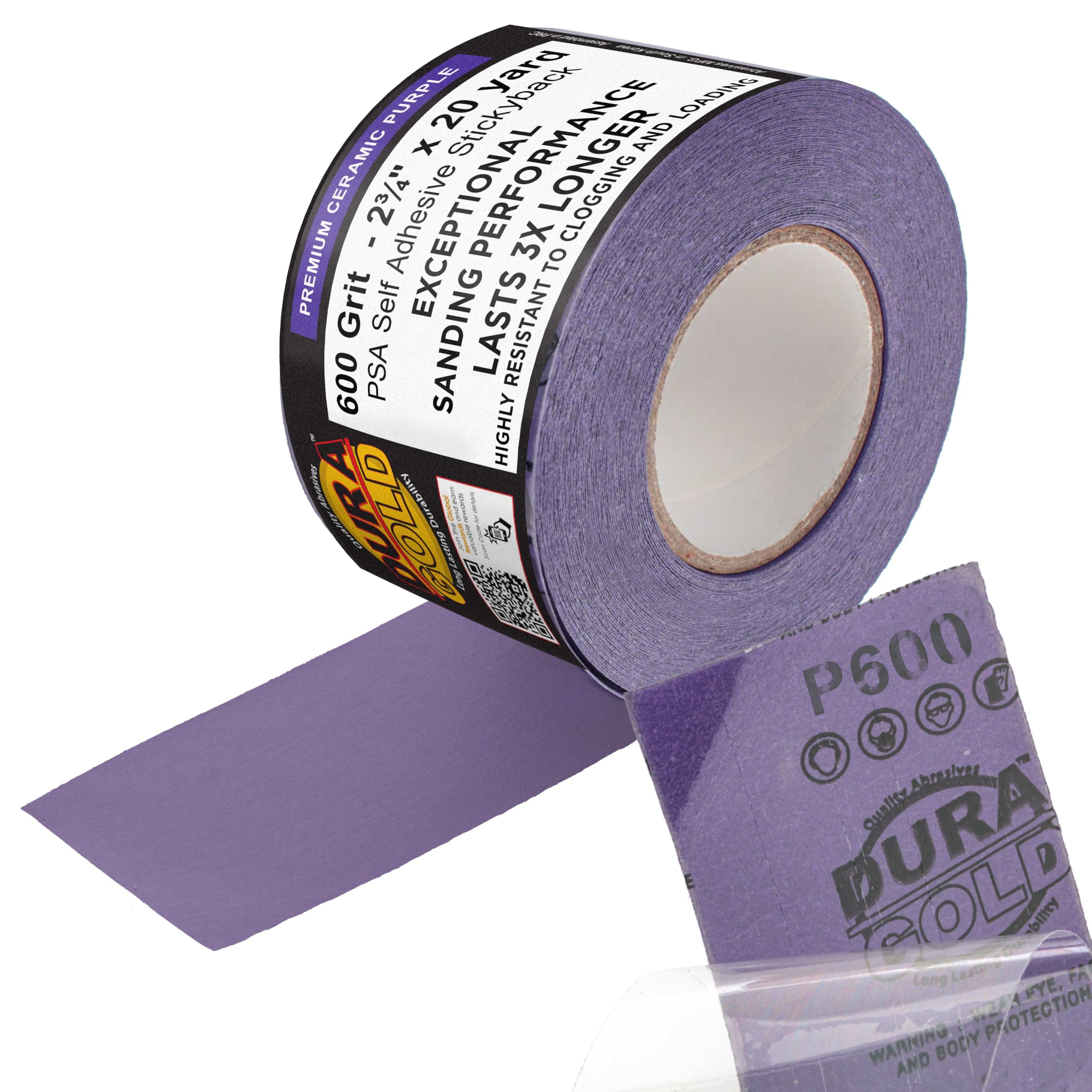 Dura-Gold Premium 600 Grit PSA Purple Film Ceramic Longboard Sandpaper, 2-3/4" Wide Continuous 20 Yard Roll - Self Adhesive Stickyback for Auto & Wood