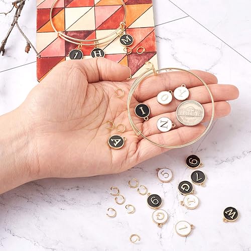Miniatura 5 de 92 cuentas colgantes de esmalte con letras de número, metal dorado, inicial, alfabeto, cuentas colgantes con brazalete expandible para collares,