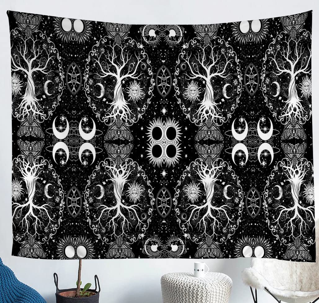 Sun and Moon Fabric by The Yard, Tree of Life Decorative Fabric Gothic Moth Upholstery Fabric Sugar Skull Trippy Glitter Stars Fabric, Bohemian Constellations Fabric, 3 Yards, Black White
