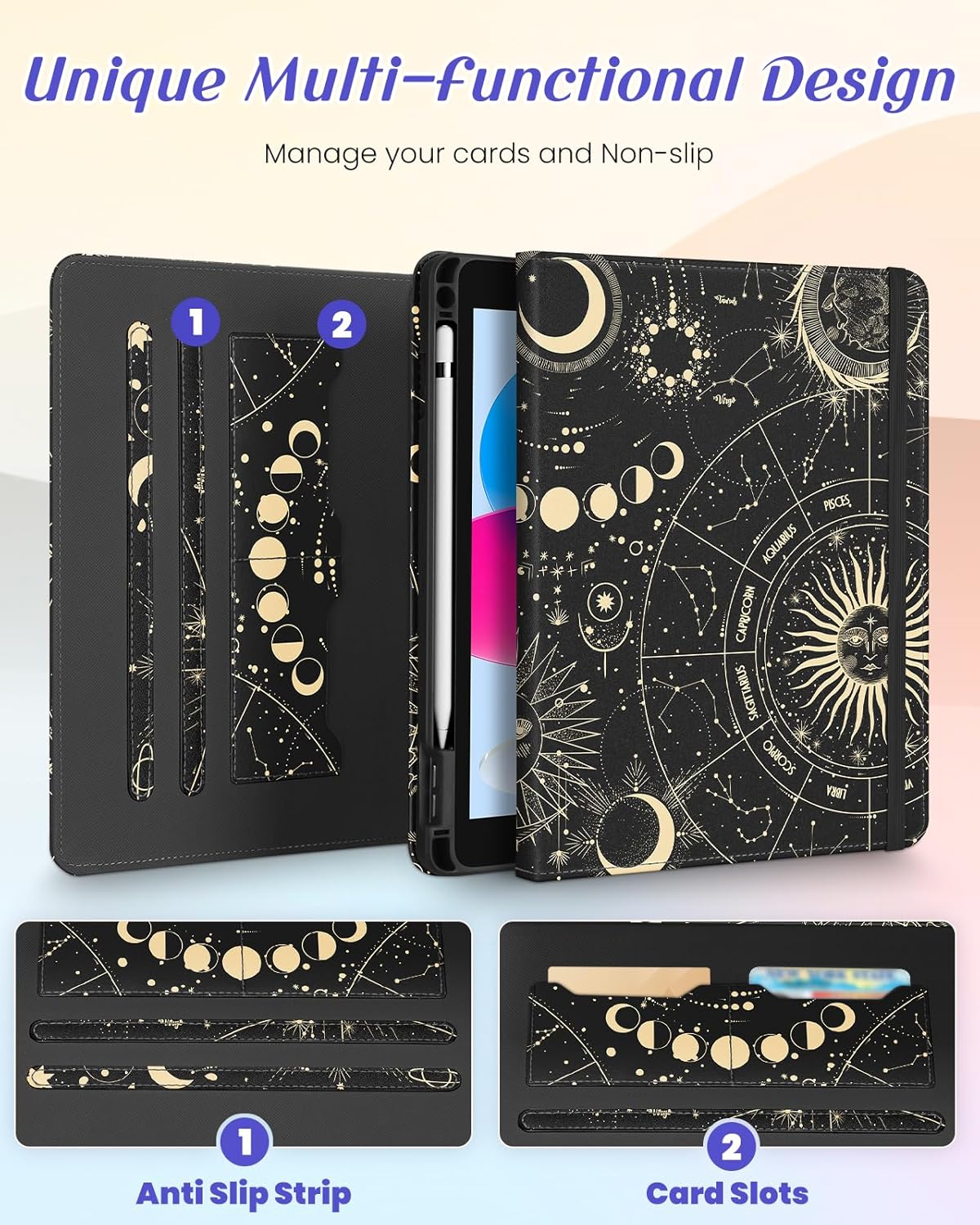 Kidcube for iPad 10th Generation Case 2022, for iPad (A16) Case 11th Generation 2025 - Women Girls Cute Rotating Stand Folio Cover with Pencil Holder & Card Slot Girly Sun Moon Star Design Teens Cases - Image 3
