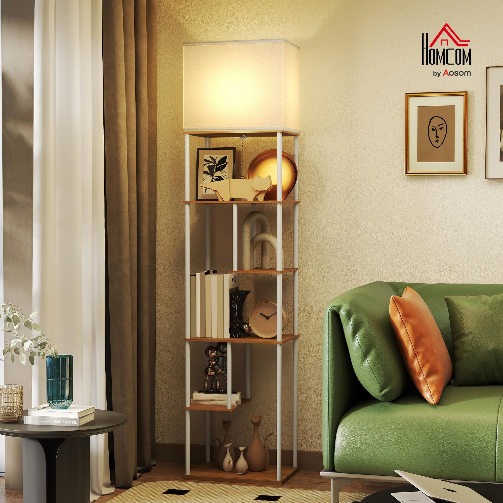 HOMCOM Lámpara de Pie con Estantes, Lámpara Salón con Brillo y Temperaturas de Color Ajustable 3000K-6500K, Control Remoto, Temporizador, 5 Modos, Bombilla 9W Incluida, Portalámparas E27, Natural