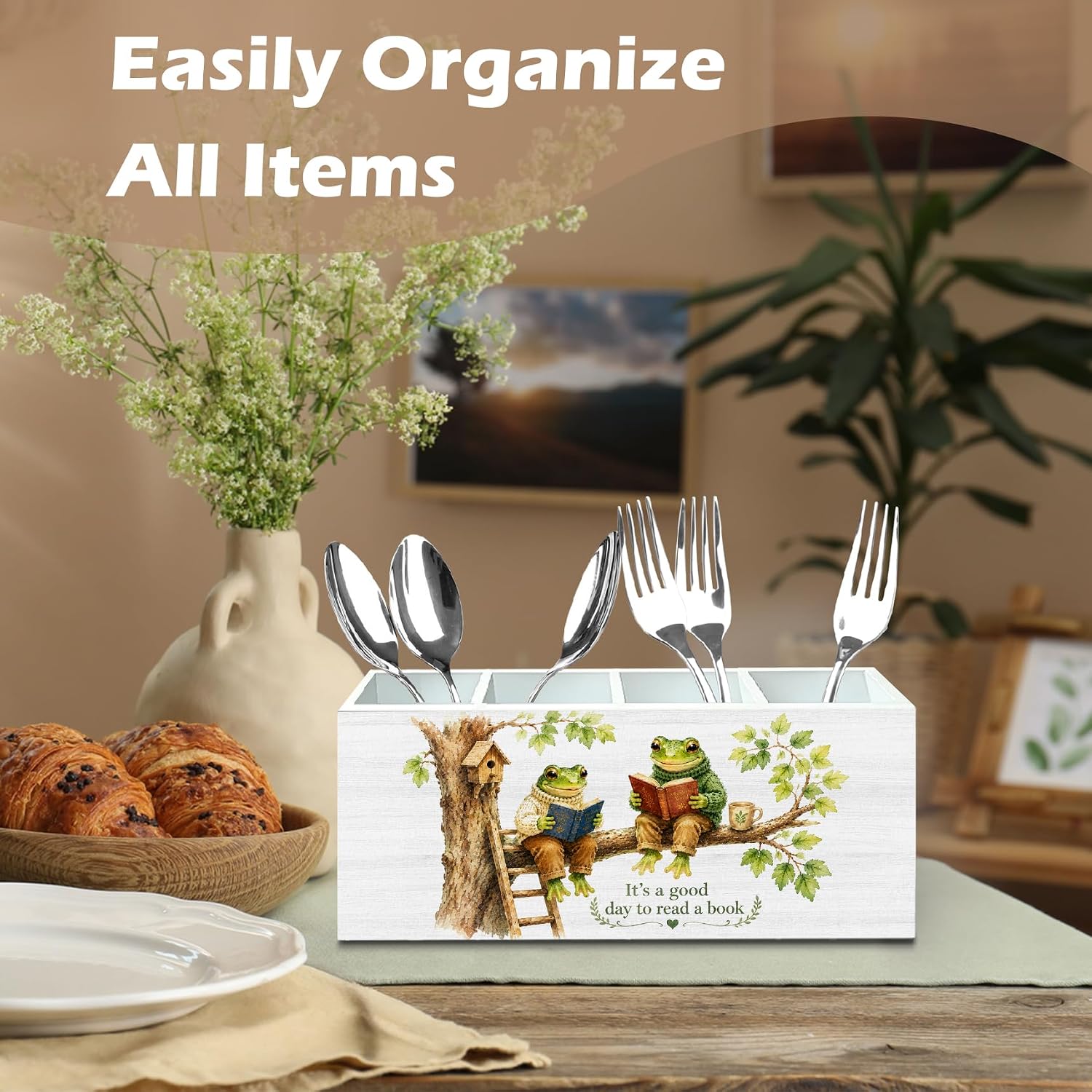 DILSJ Frog Book Lover Gifts 4 Compartment Pen Pencil Holder for Desk,Bookish Reader Gifts, It's Good Day to Read a Book Wooden Box Signs Organizer for Reading Room Office & School Supplies image 3