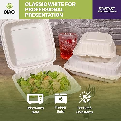 Miniatura 6 de CIAO! Contenedor blanco con bisagras MFPP de 8 x 8 x 3 pulgadas con tapa, 1 compartimento (caja de 200)
