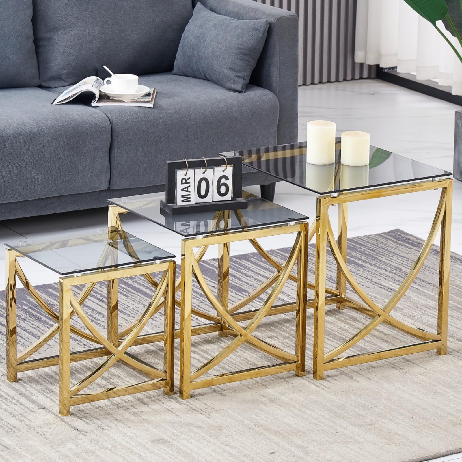 AINPECCA Nest of 3 Coffee Table Modern Sofa Side End Table Tempered glass with Stainless Steel Legs Nesting Tables for Living Room (Gold, Black Grey Glass)
