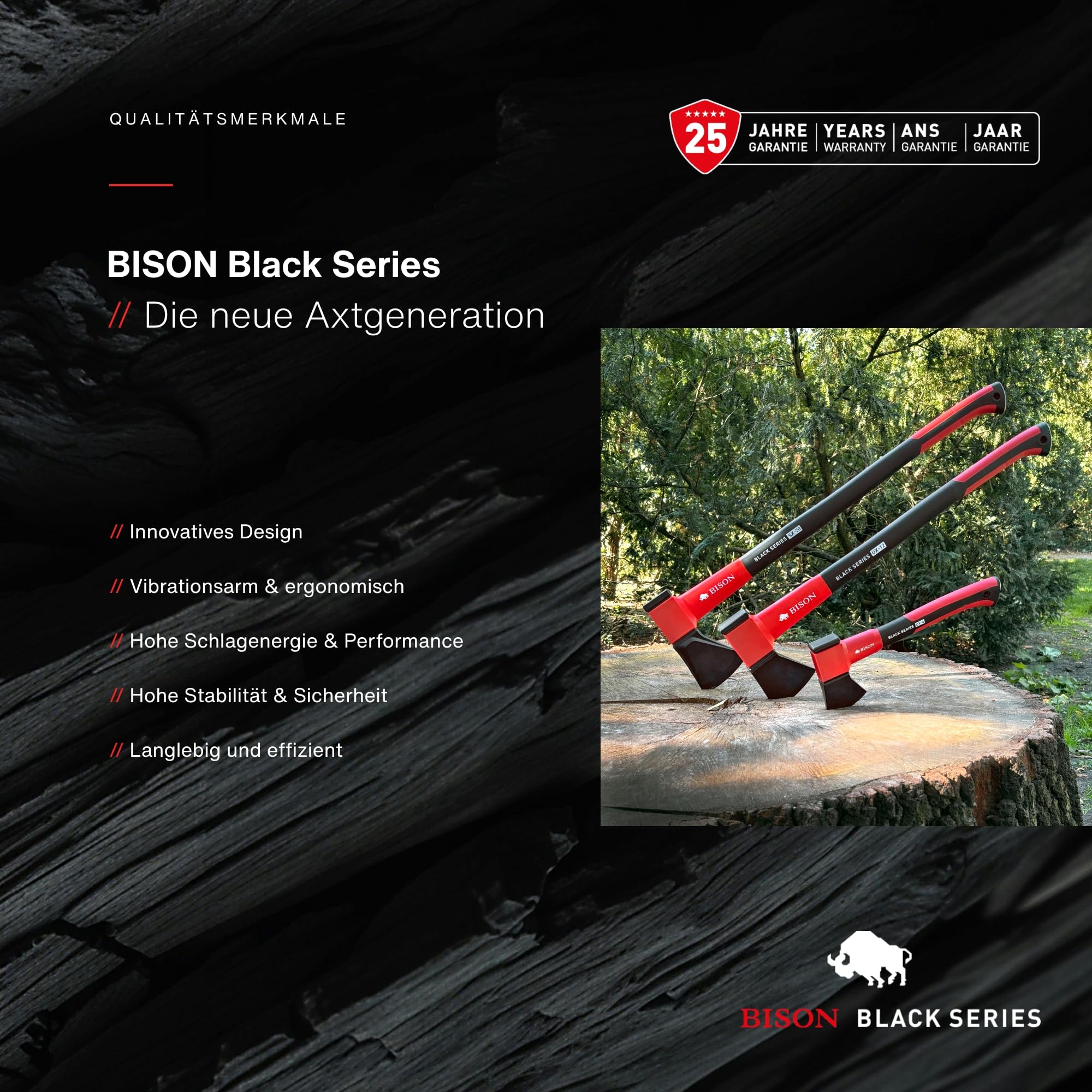 Bison Black Series UX6 Universalbeil – Kompaktes Beil mit Glasfaserstiel, kraftvoll & vielseitig, Forst-, Garten- & Campingbeil, ideal für Anmachholz & Brennholz