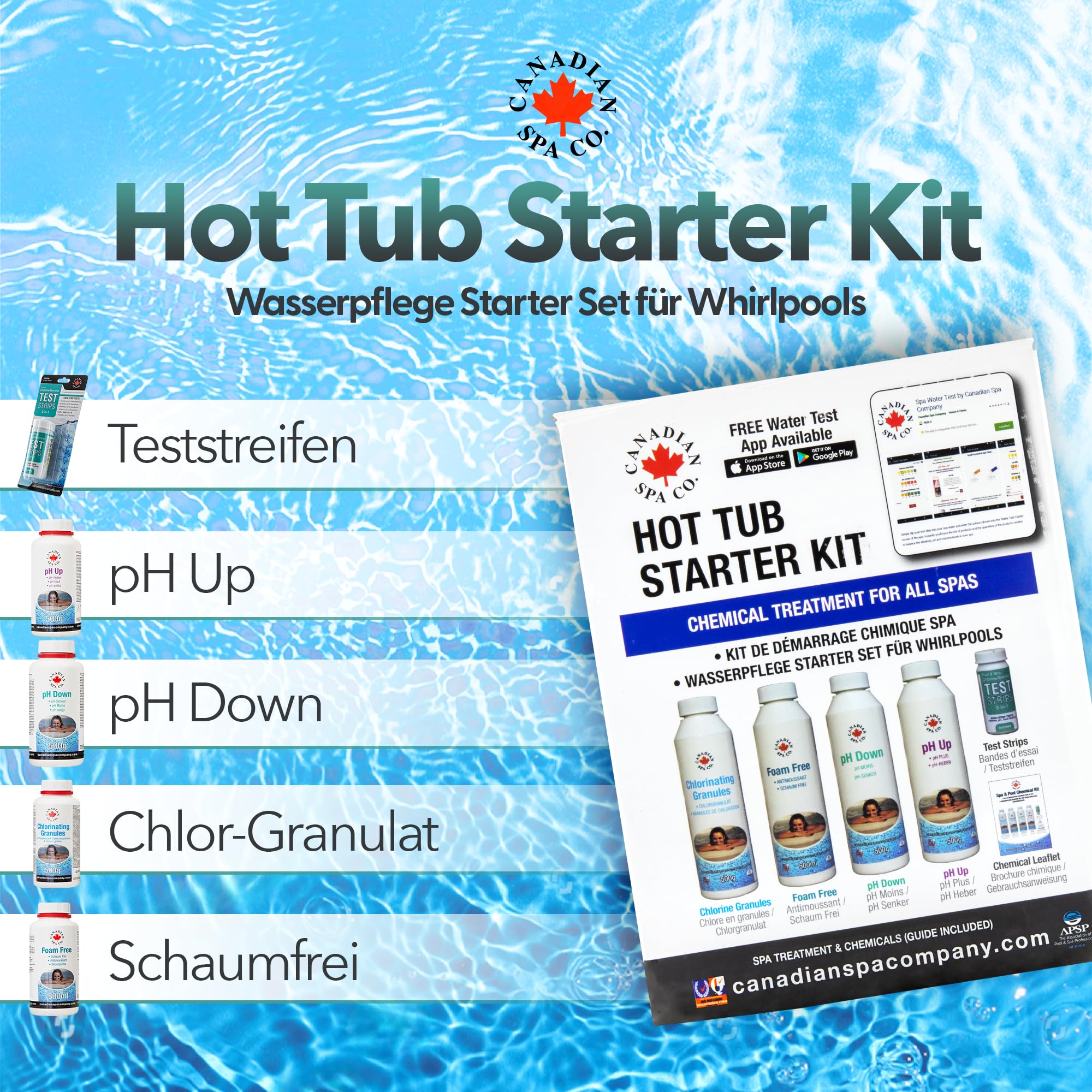 CANADIAN SPA CO. Whirlpool Reinigungsset 5-teilig mit Chlorgranulat, pH-Heber & pH-Senker, Schaum Entferner und 3-in-1 Teststreifen, Pool Zubehör Reinigung für sauberes Wasser