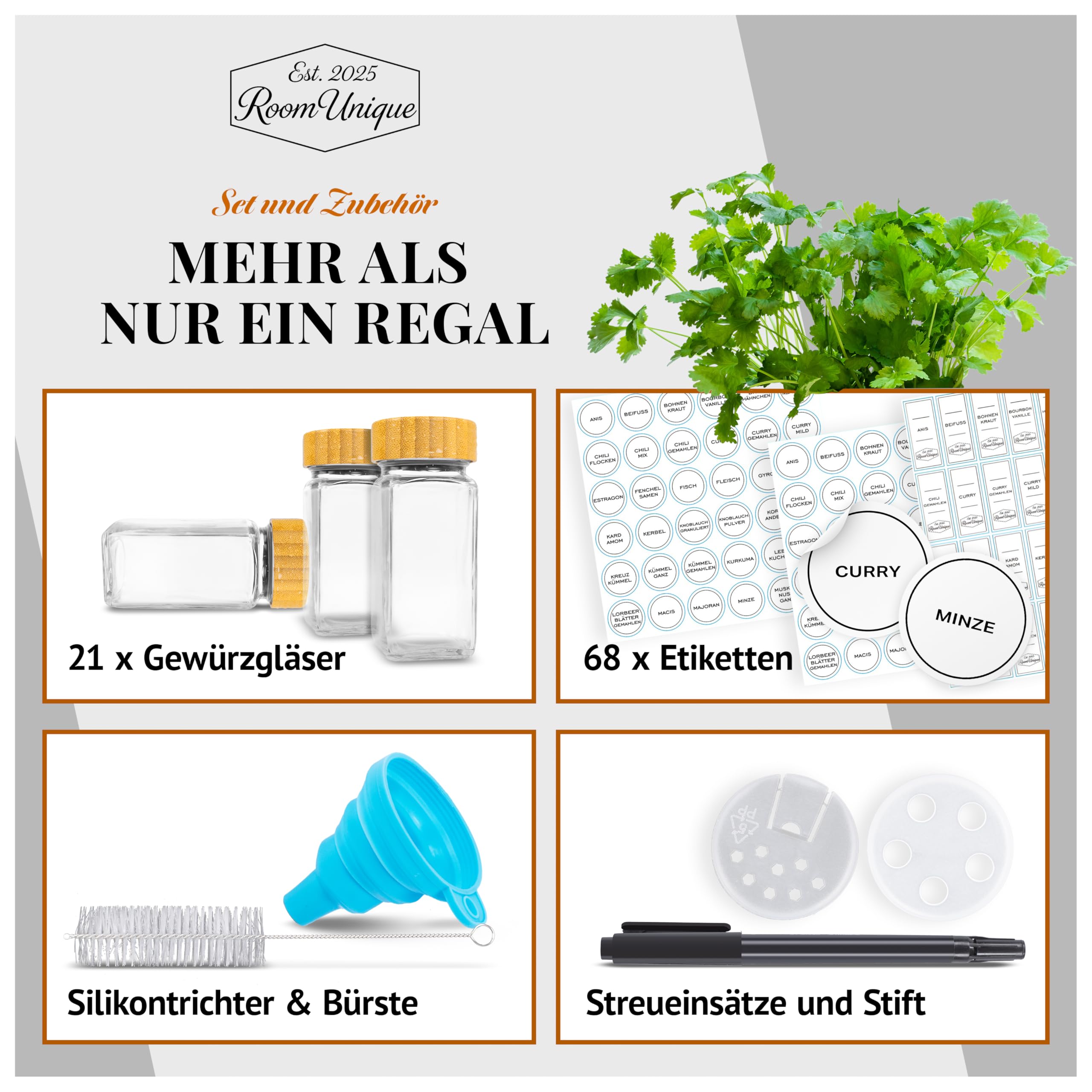 Gewürzregal mit Gewürzgläsern | 21 Gläser a 120 ml mit Bambusdeckel | Etiketten | Streueinsätze | Trichter+Bürste | Metallregal 36,6×25×11 cm | Modular + beschriftbar | inkl. Marker