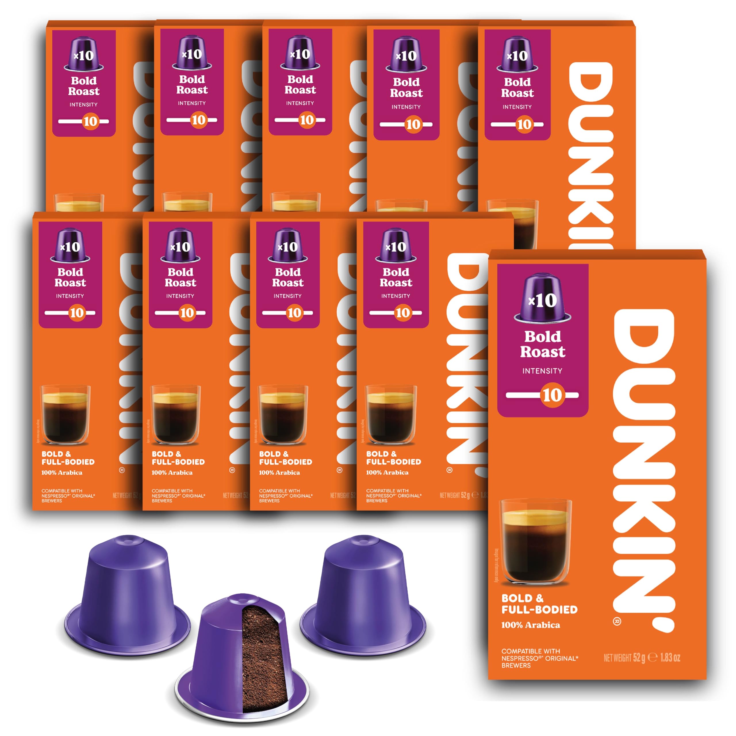 Dunkin' Donuts Bold Roast – 100 kapsułek kawy kompatybilnych z Nespresso Original Line – 100% Arabica – Mocna, ciemna palarnia – Intensywny, aromatyczny i pełny smak