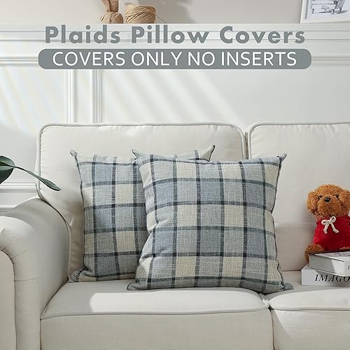 Miniatura 5 de Stellhome Paquete de 2 fundas de almohada de lino a cuadros de búfalo, fundas de cojín decorativas para sofá, sala de estar, 18 x 18 pulgadas, gris