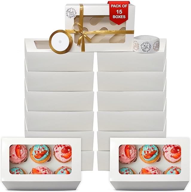 FAFsify Auto Popup Cupcake Boxes - Pack of 15 Cupcake Boxes with 6 Holes Insert - Free Wrapping Ribbon + Thankyou Stickers - Perfect for Party Muffins, Cupcakes, Small Cakes, Cookies & Bakery goods