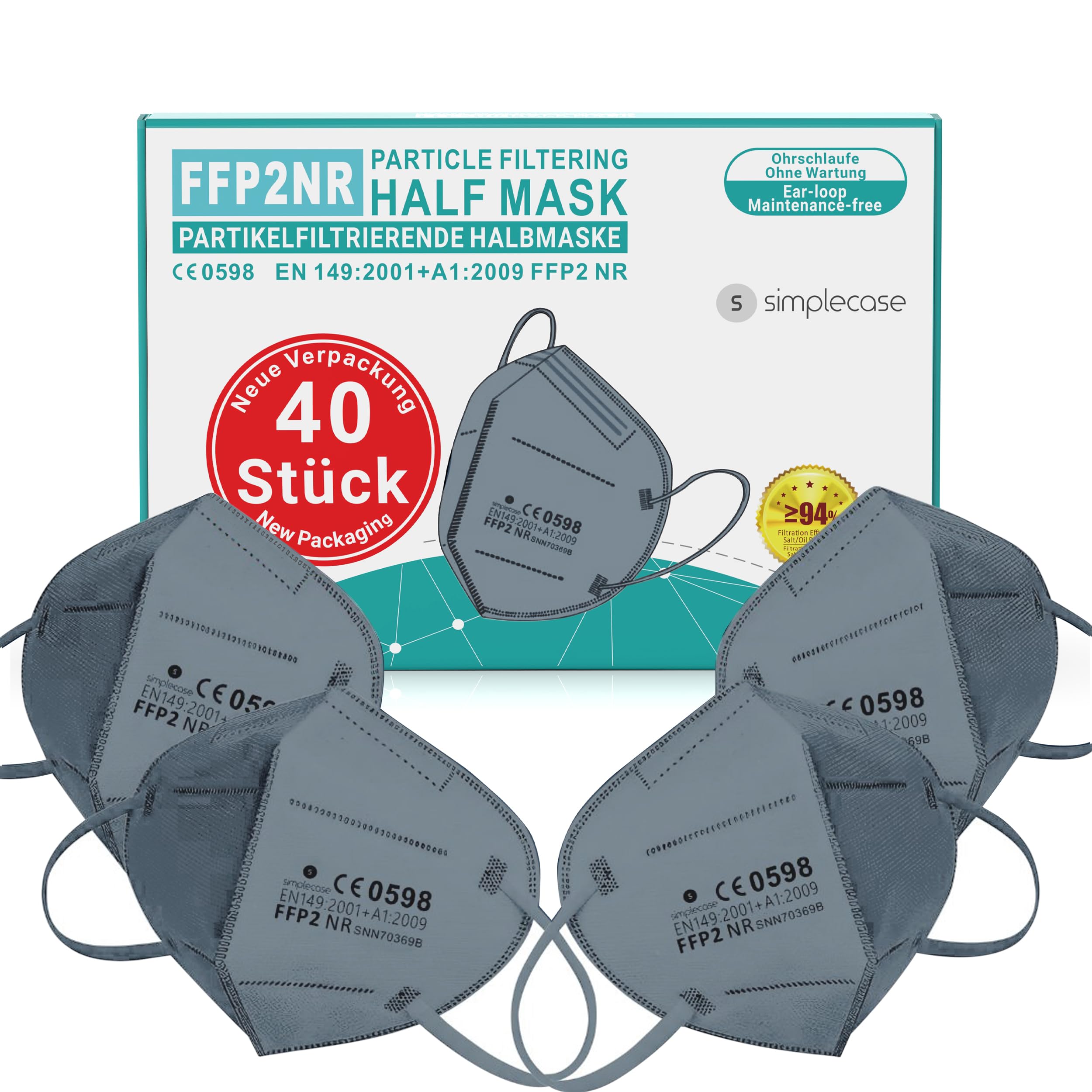 Simplecase 40 Stück FFP2 Masken, CE Zertifiziert von offiziell benannter Stelle CE2834/0598, Atemschutzmaske, Partikelfiltermaske