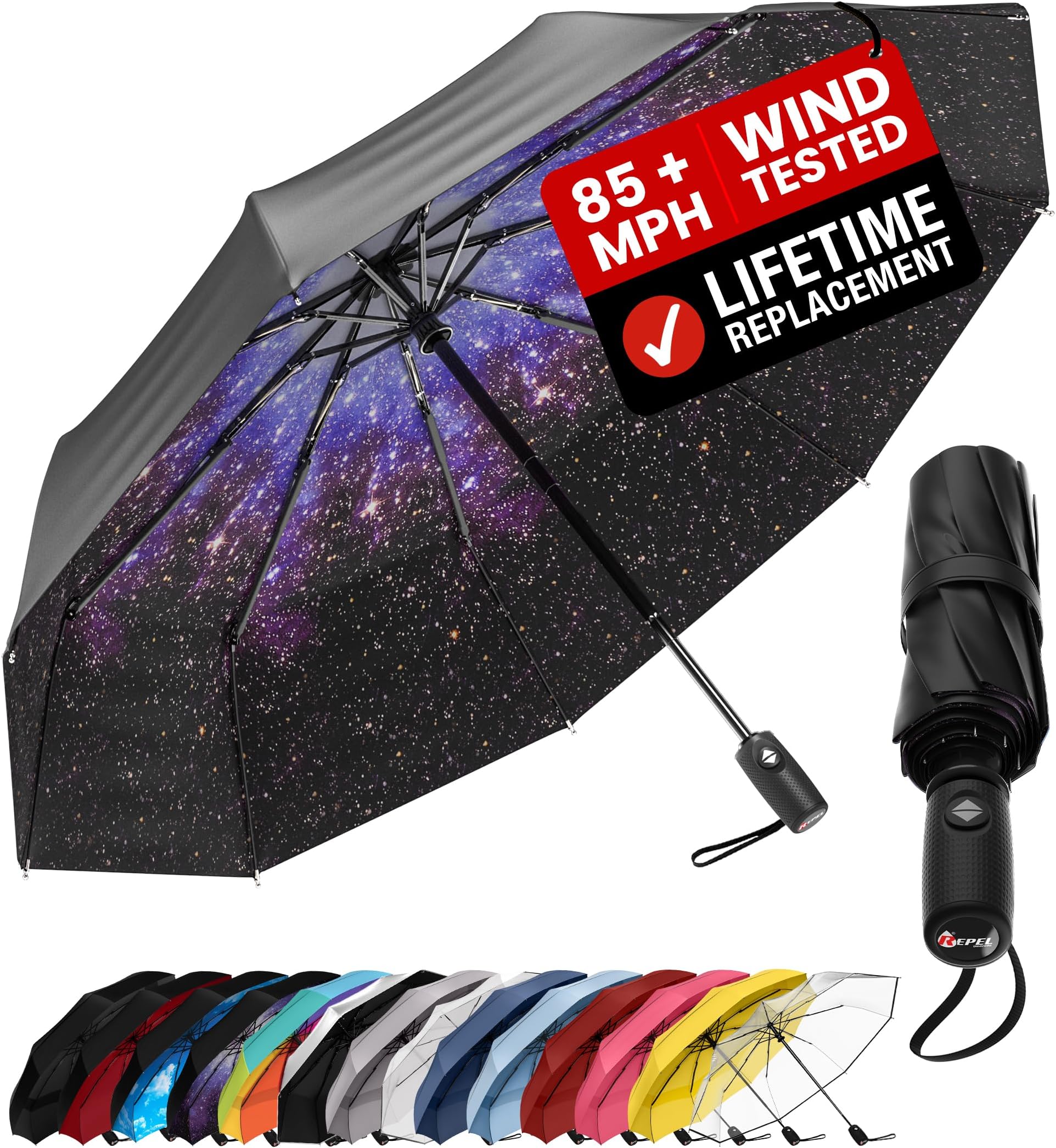 - REPEL Windproof Travel Umbrella - Compact & Withstands Winds up to 85MPH , Strongest Premium Auto Folding Umbrella for Rain and Sun - Durable, Light & Portable for Women & Men , Fits Backpack & Cars