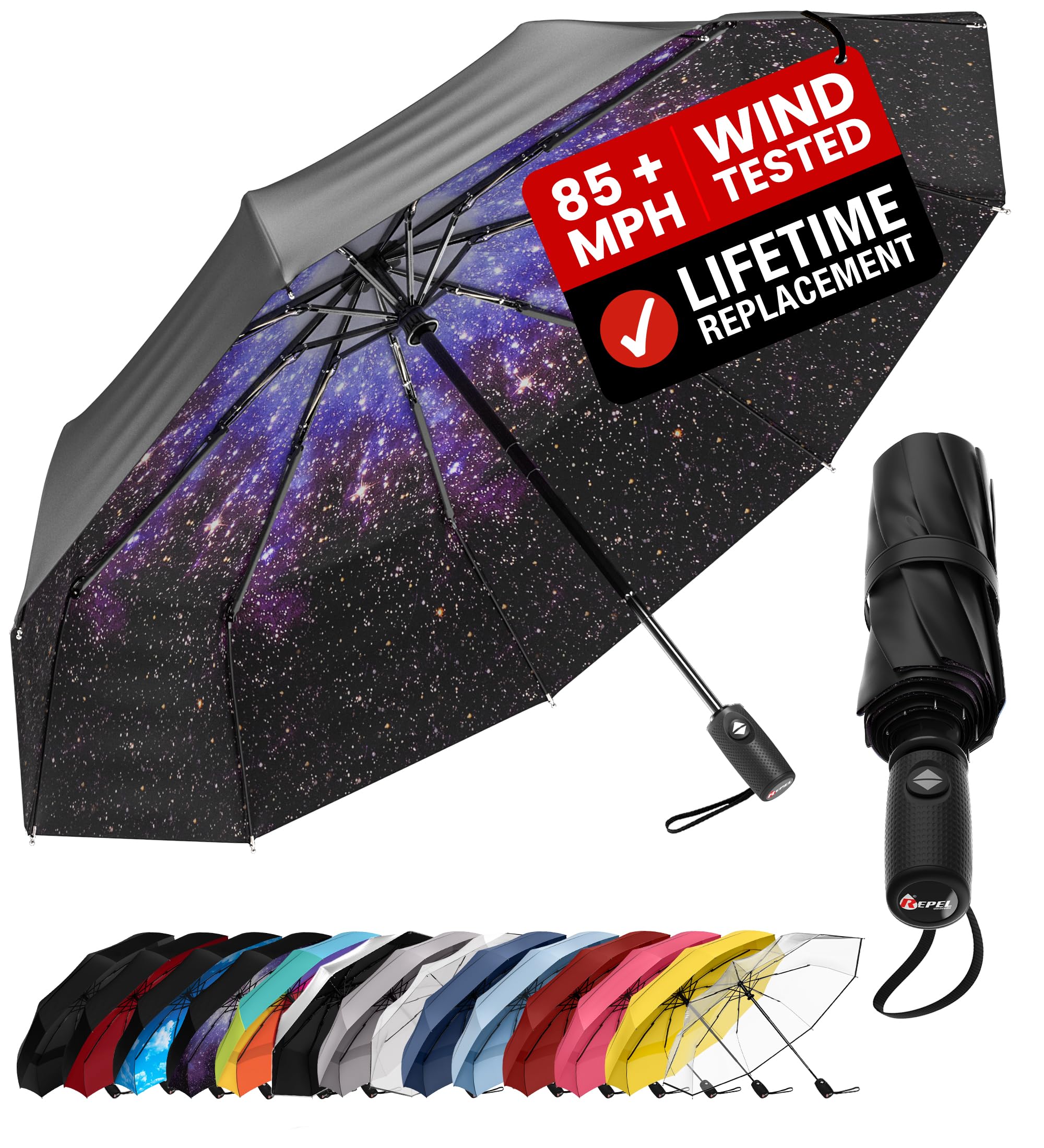 Repel Windproof Travel Umbrella - Compact & Withstands Winds up to 100MPH, Strongest Premium Auto Folding Umbrella for Rain and Sun - Durable, Light & Portable for Women & Men, Fits Backpack & Cars