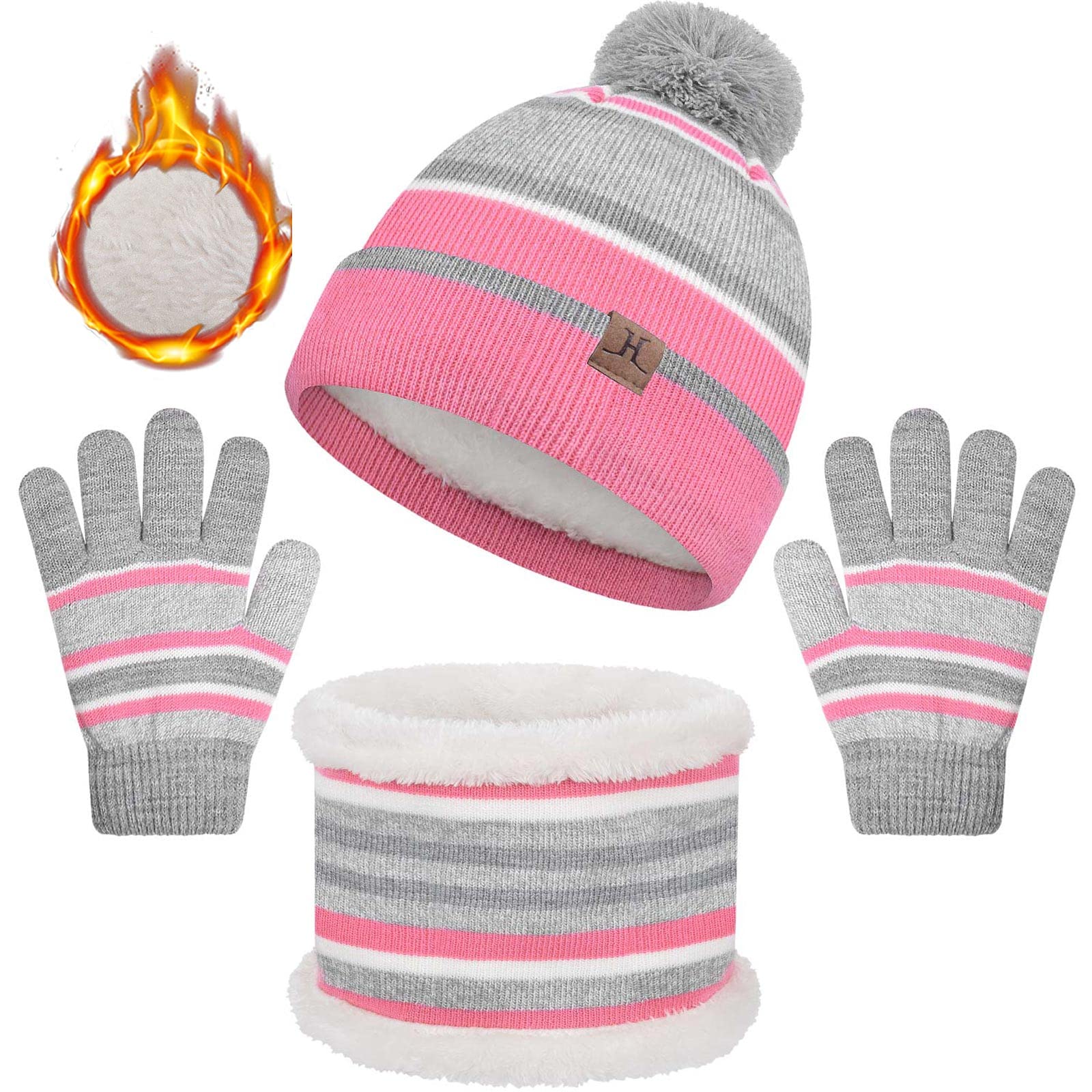 3 Pcs Kids Winter Stripe Knitted Bobble Beanie Hat Snood Scarf Gloves Set with Thick Fleece Lining Cotton Thermal Knit Pom Pom Hat Cap Neck Warmer for Children Outdoor Boy Girl