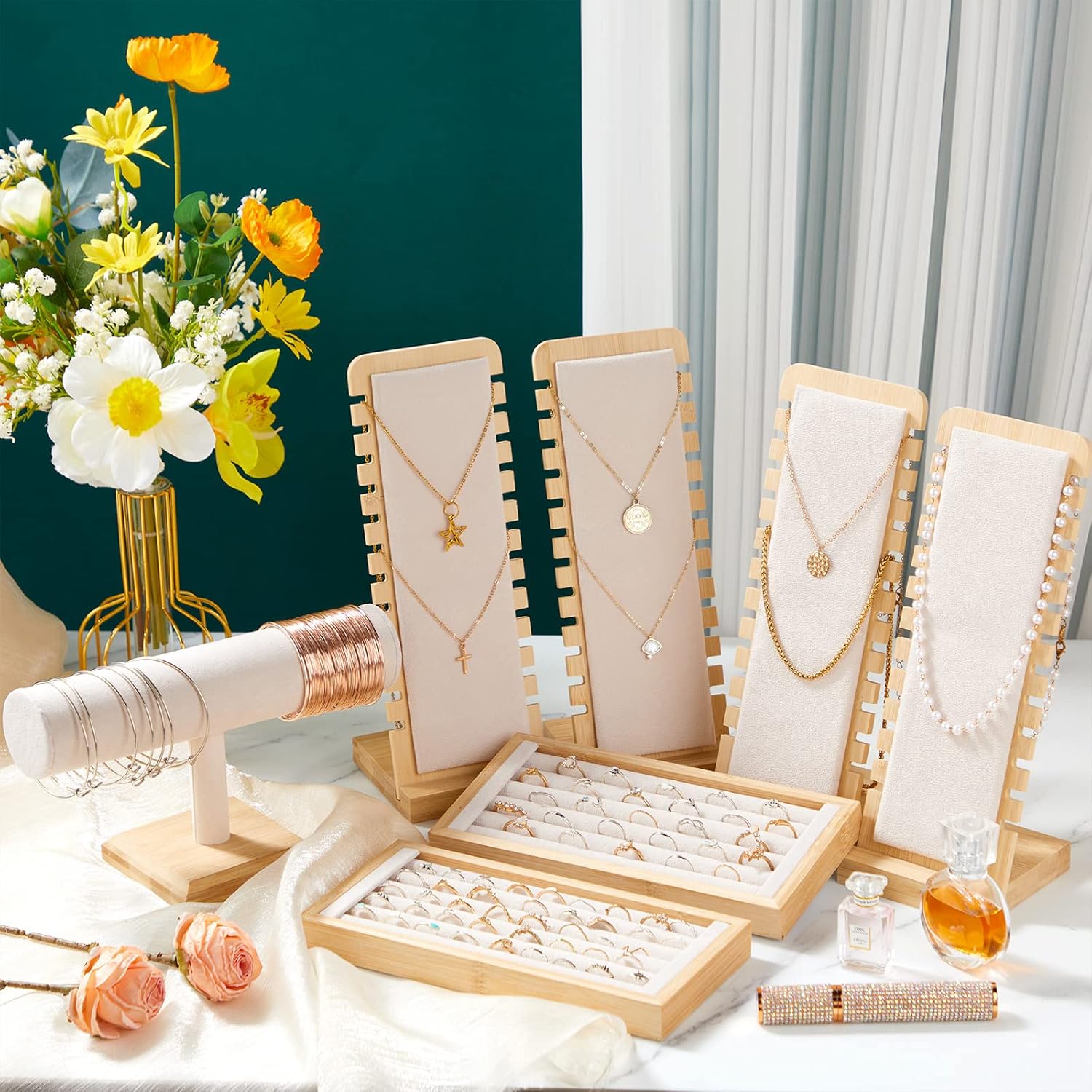 Marsui 8 Pcs Bamboo Jewelry Display Holder Set, Include T Bar Bracelet Stand Necklace Tabletop Display Boards Ring Earrings Tray Easels for Jewelry Collection Selling Shows(Beige)