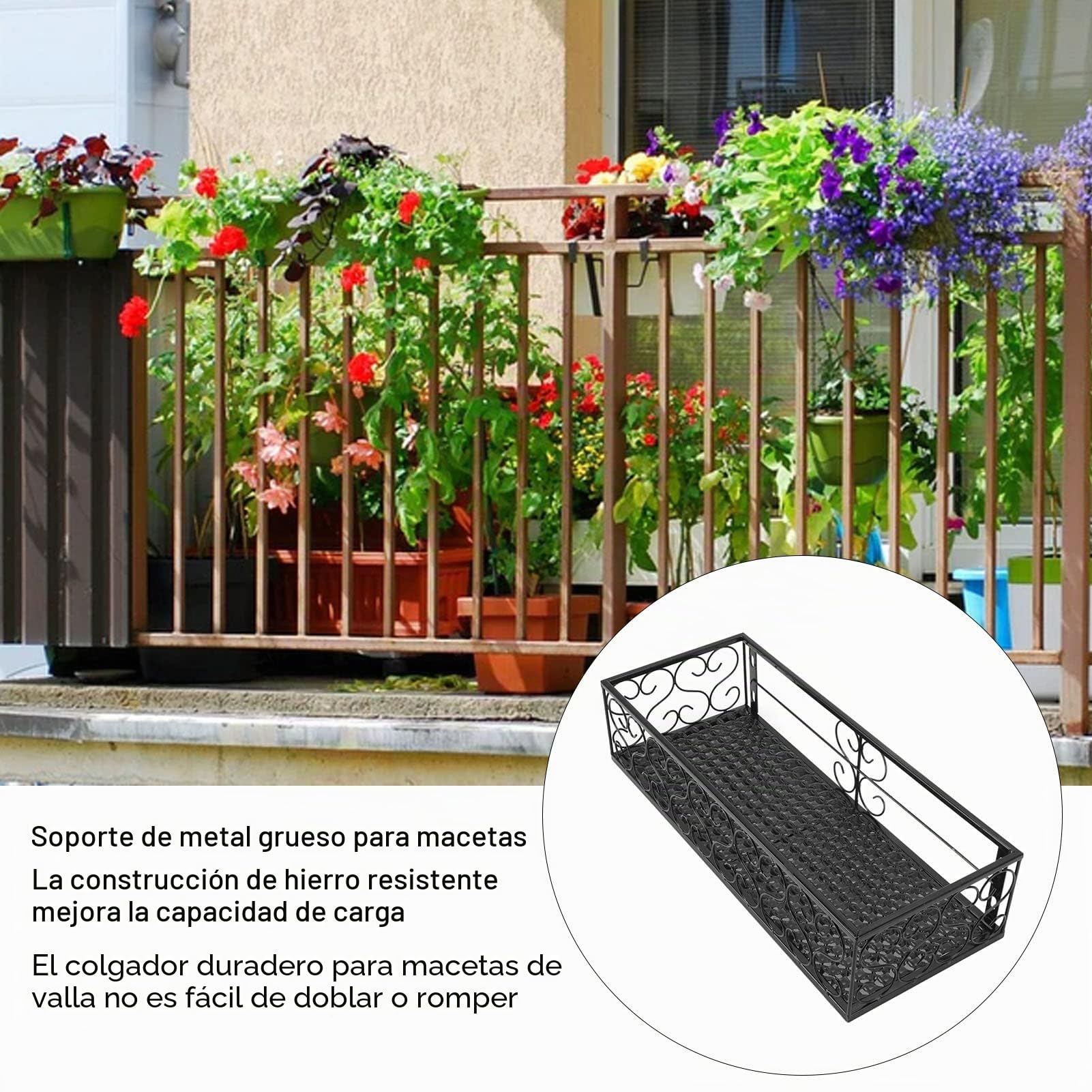 Cesta colgante de hierro para flores, estante de metal negro para flores, estante colgante para maceta, estante decorativo para suculentas, para patio o jardín (para rieles de 10,5 cm)