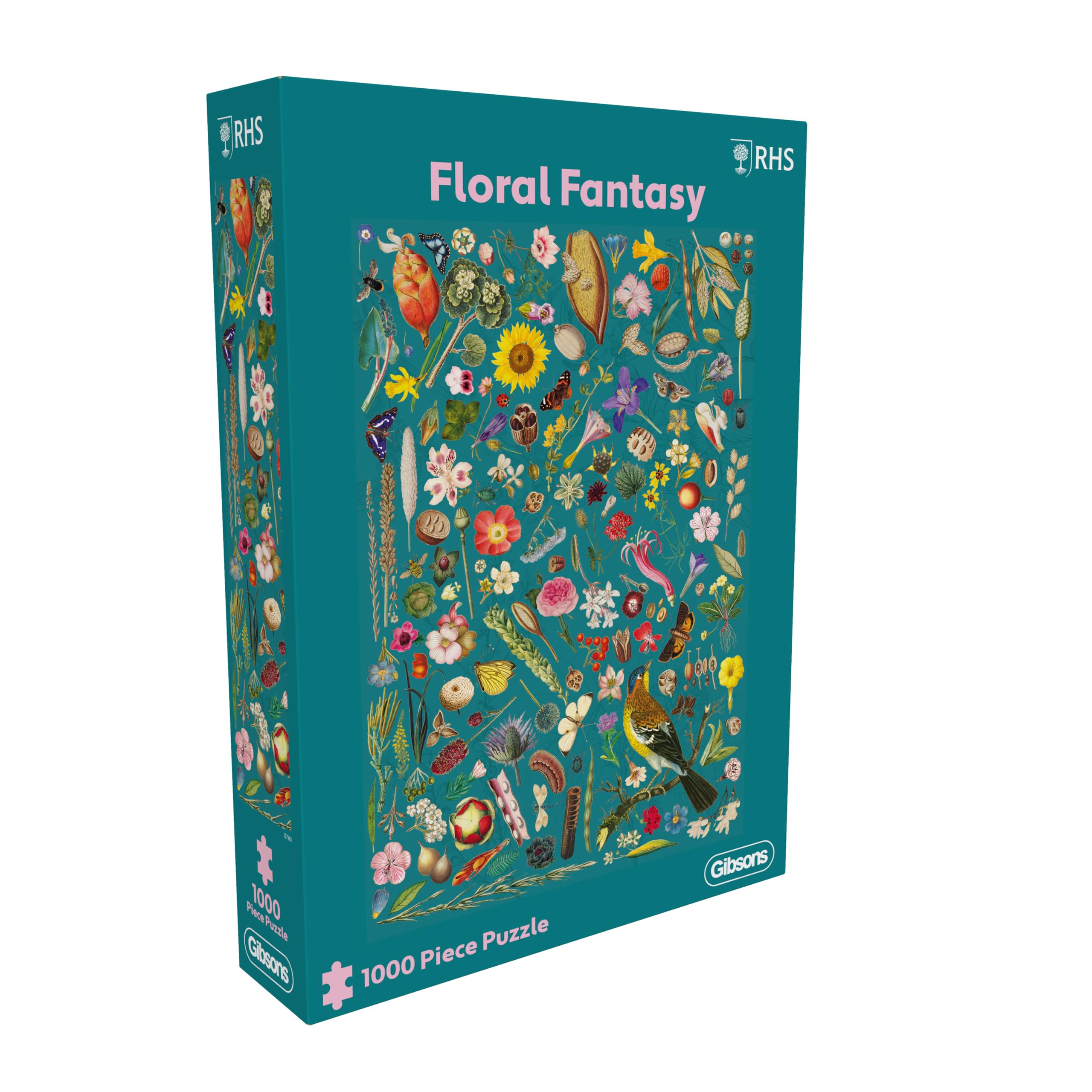 Gibsons RHS Floral Fantasy 1000 Piece Jigsaw Puzzle for Adults – Botanical Garden Artwork from the White Logo Collection – Colourful Nature & Insect Design – Premium Sustainable Puzzle Made in the UK