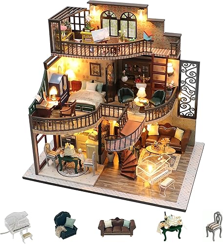 Flever - Kit de casa en miniatura DIY, kit de casa pequeña con luz LED, mini kits de construcción de casa para manualidades para adultos y