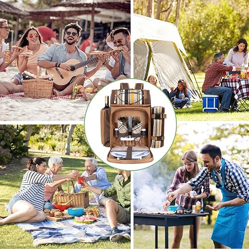 Miniatura 32 de Hap Tim Mochila de canasta de pícnic, soporte para vino, manta de forro de vellón y juego de cubiertos, perfecta para la playa, viajes de día, Gris