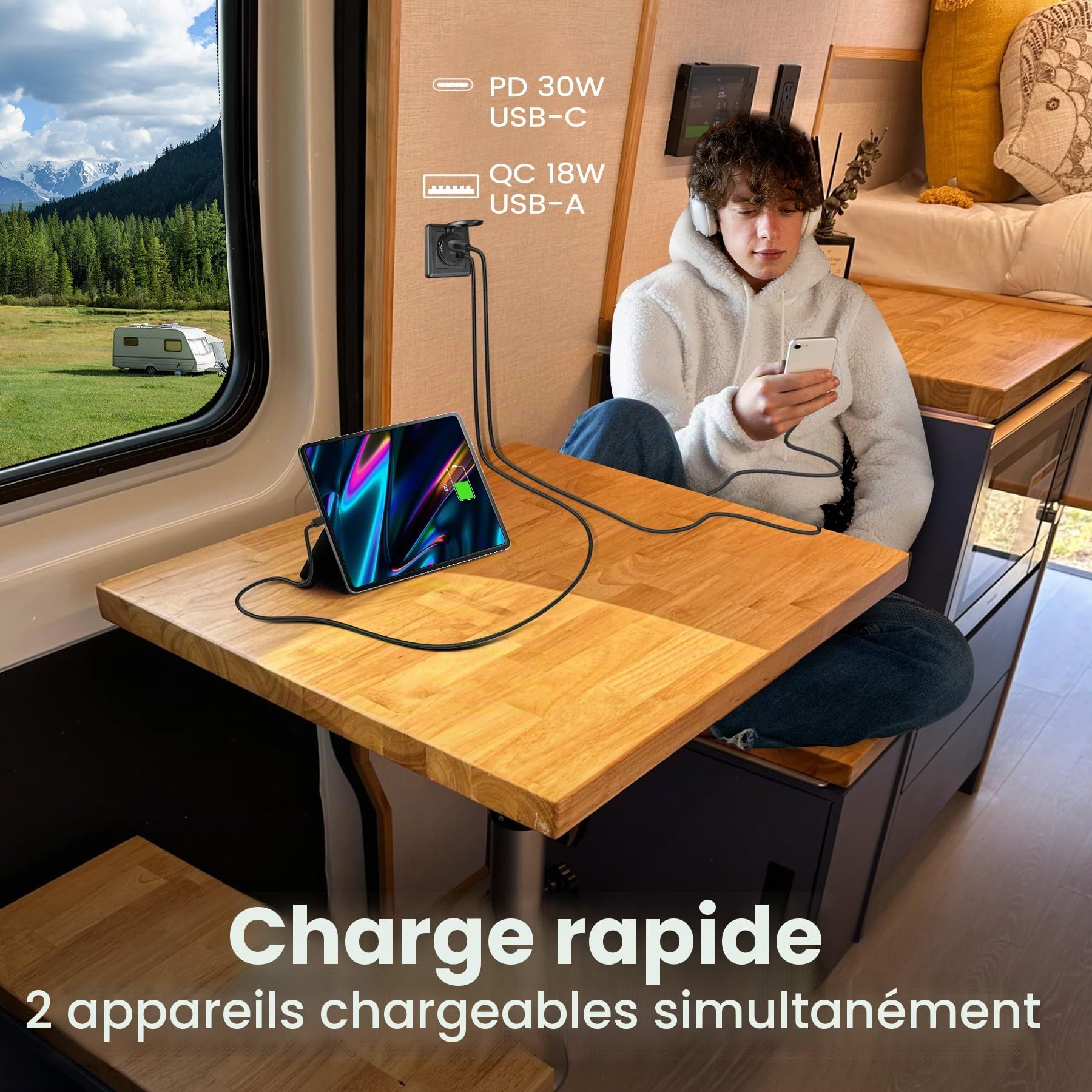 Prise USB 12v, Aluminium PD3.0 30W + QC3.0 18W & Dual Port Socket, sortie de charge rapide USB en 12V avec plaque frontale noire, idéal pour RV, bateau, caravane, remorque de camper