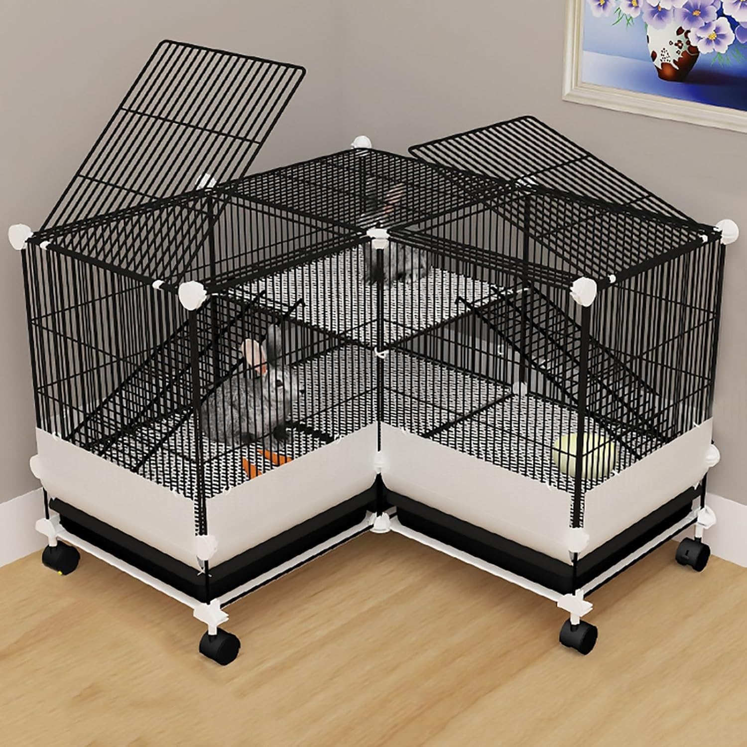 Kaninchenkäfig 2-lagig mit Schalen und Urinschutz, geräumiger Indoor-Stall für Kaninchen, Meerschweinchen, Eichhörnchen
