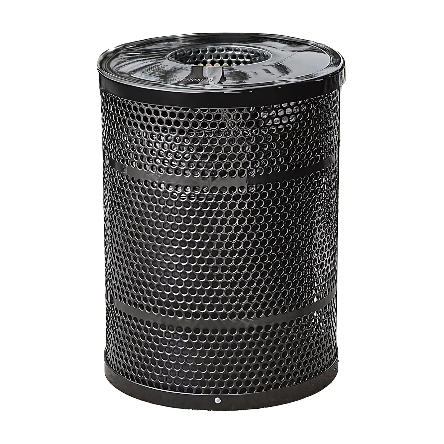 32 Gallon Perforated Waste Bin with Flat Lid, Steel Outdoor Heavy-Duty Commercial Trash Can, Round Recycle Container, Durable Garbage Can for Parks, Municipalities, Parking, Schools