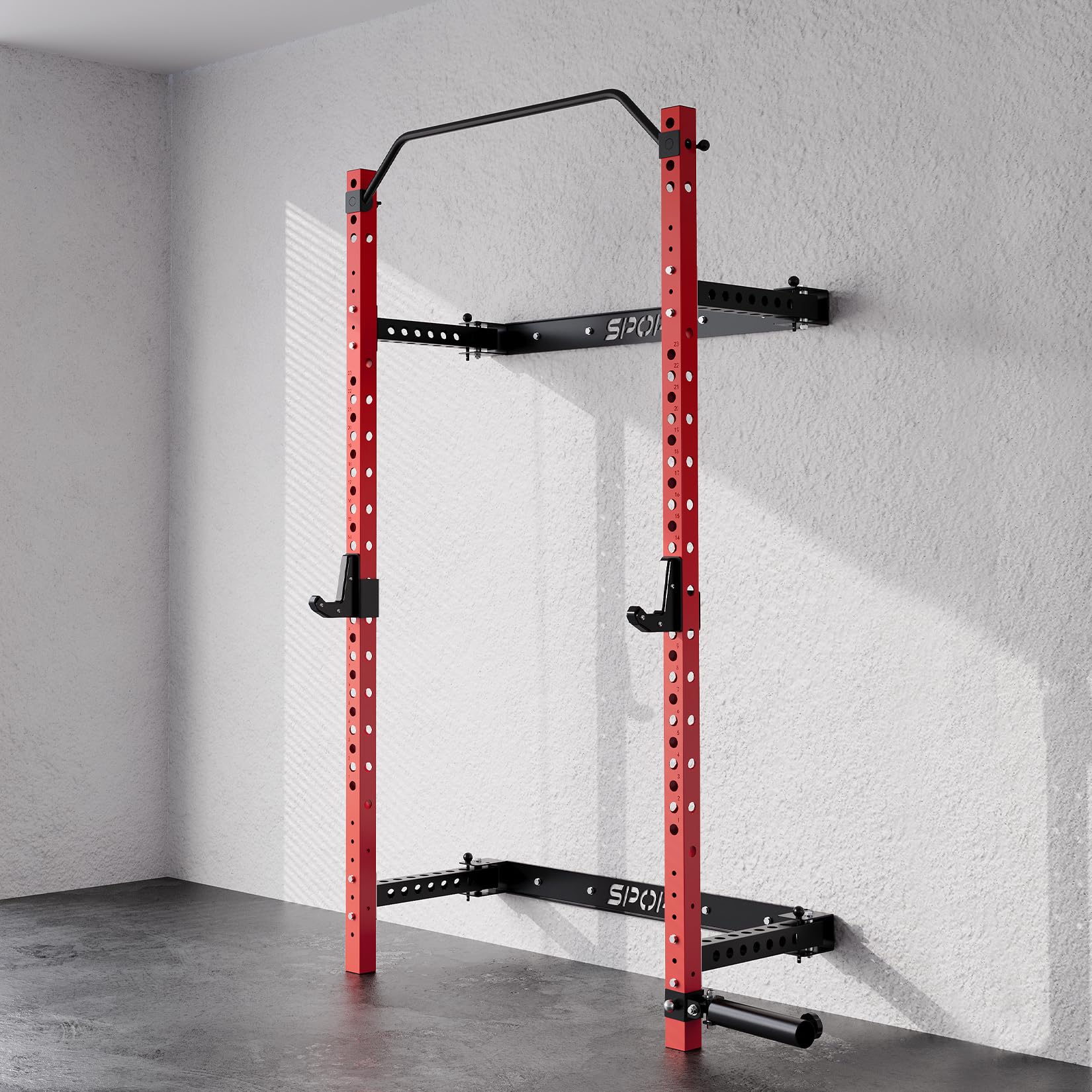 OutdoorVibe Foldable Wall Mounted Squat Rack, 1000LBS Capacity Folding Power Rack with Pull Up Bar, J Hook, Landmine, Folding Squat Rack for Garage&Home Gym