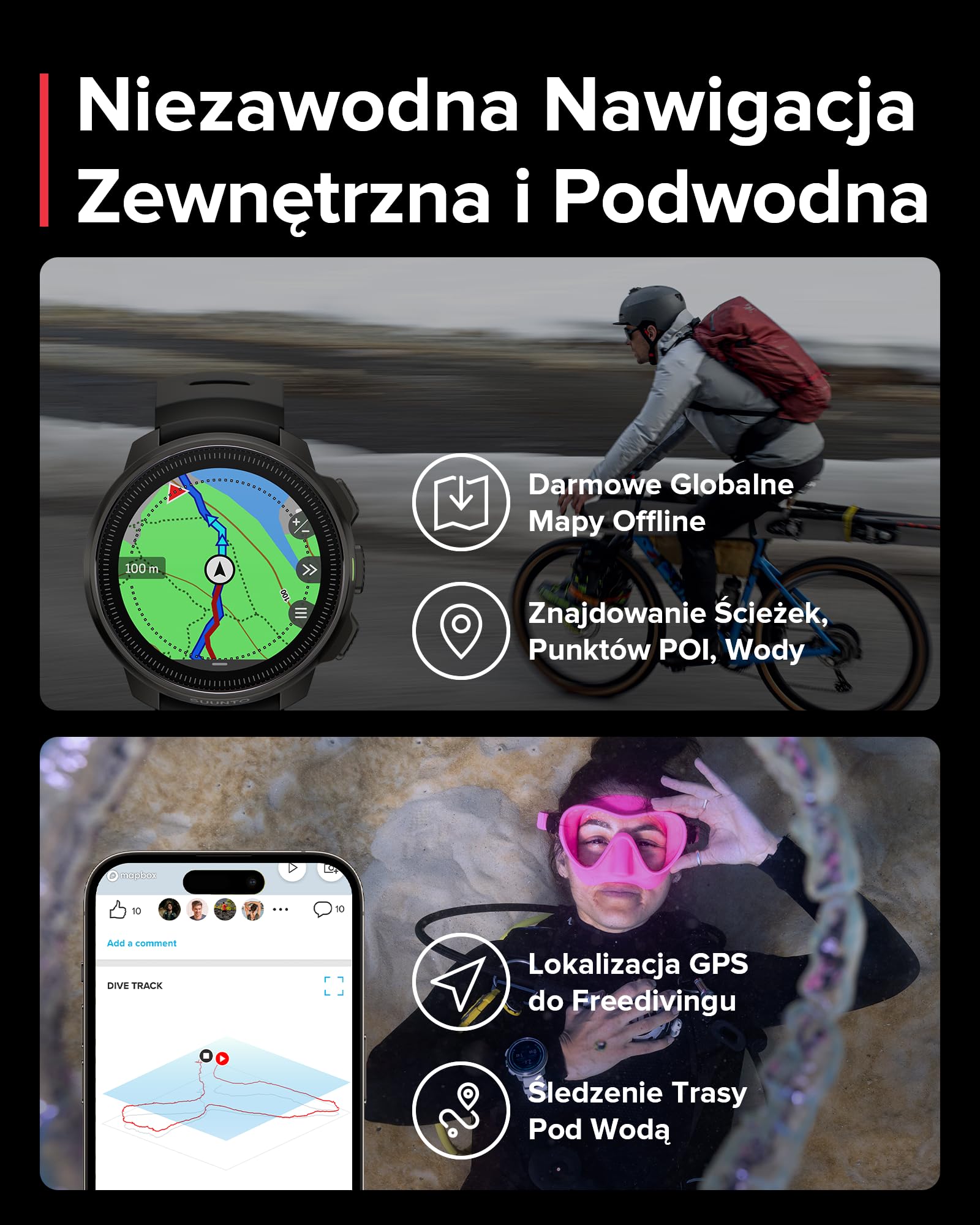SUUNTO Ocean Komputer Nurkowy Zegarek Sportowy, Ekran Amoled, 10Atm/7 Bar, Podwójne Pasmo Gps Gnss, Mapa Offline, Ponad 95 Trybów Sportowych, Monitor Serca, 40 Godzin Pracy Baterii w Trybie Nurkowania