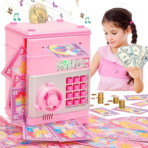 Alcancía para niños, caja de dinero con contraseña, caja de dinero con calcomanías de dinero para jugar, máquina de cajero automático electrónico