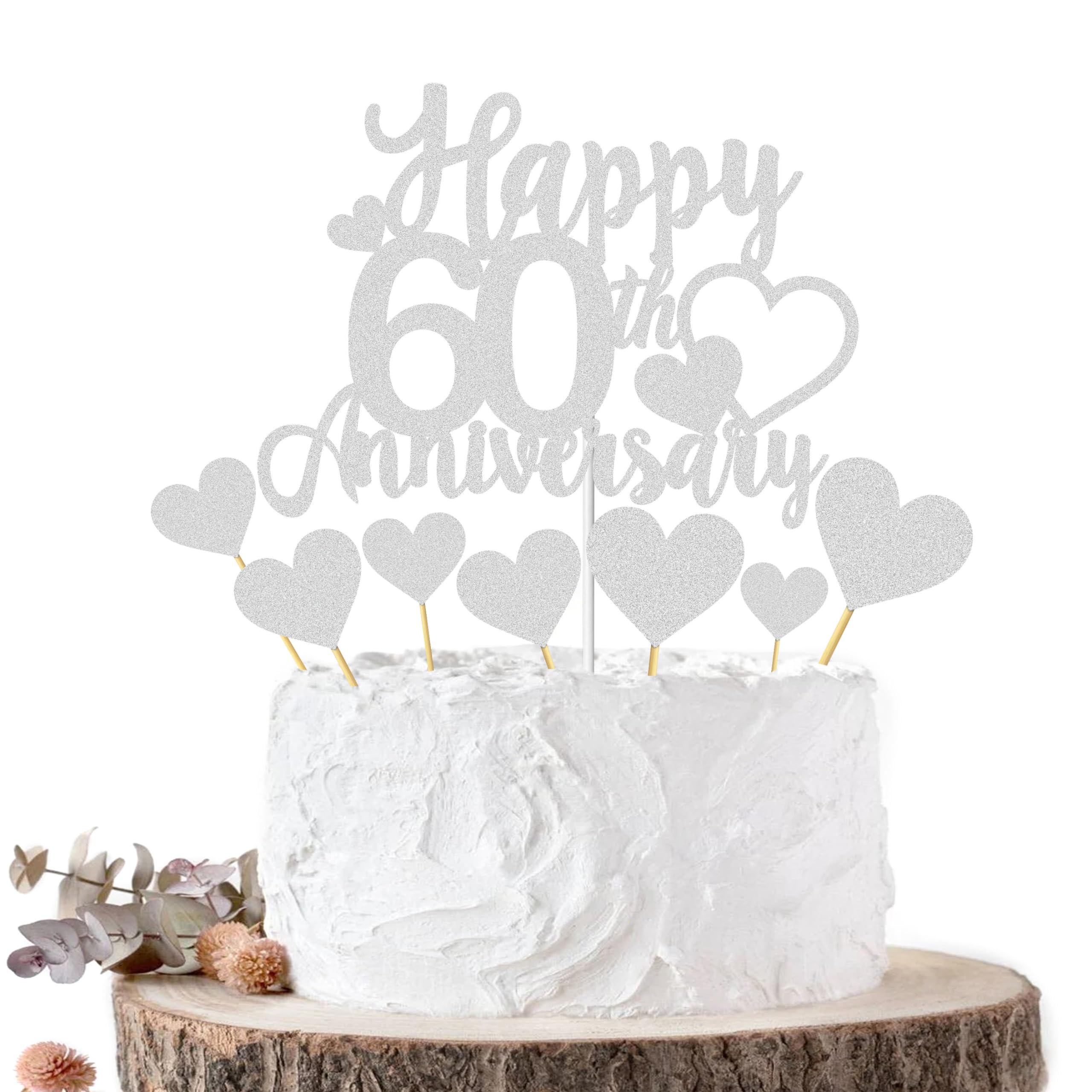JoyeahHappy 60th Anniversary Cake Topper Decorations Gold Glitter Wedding Anniversary Cake Topper Supplies Party Cake Decor (Silver 60th)